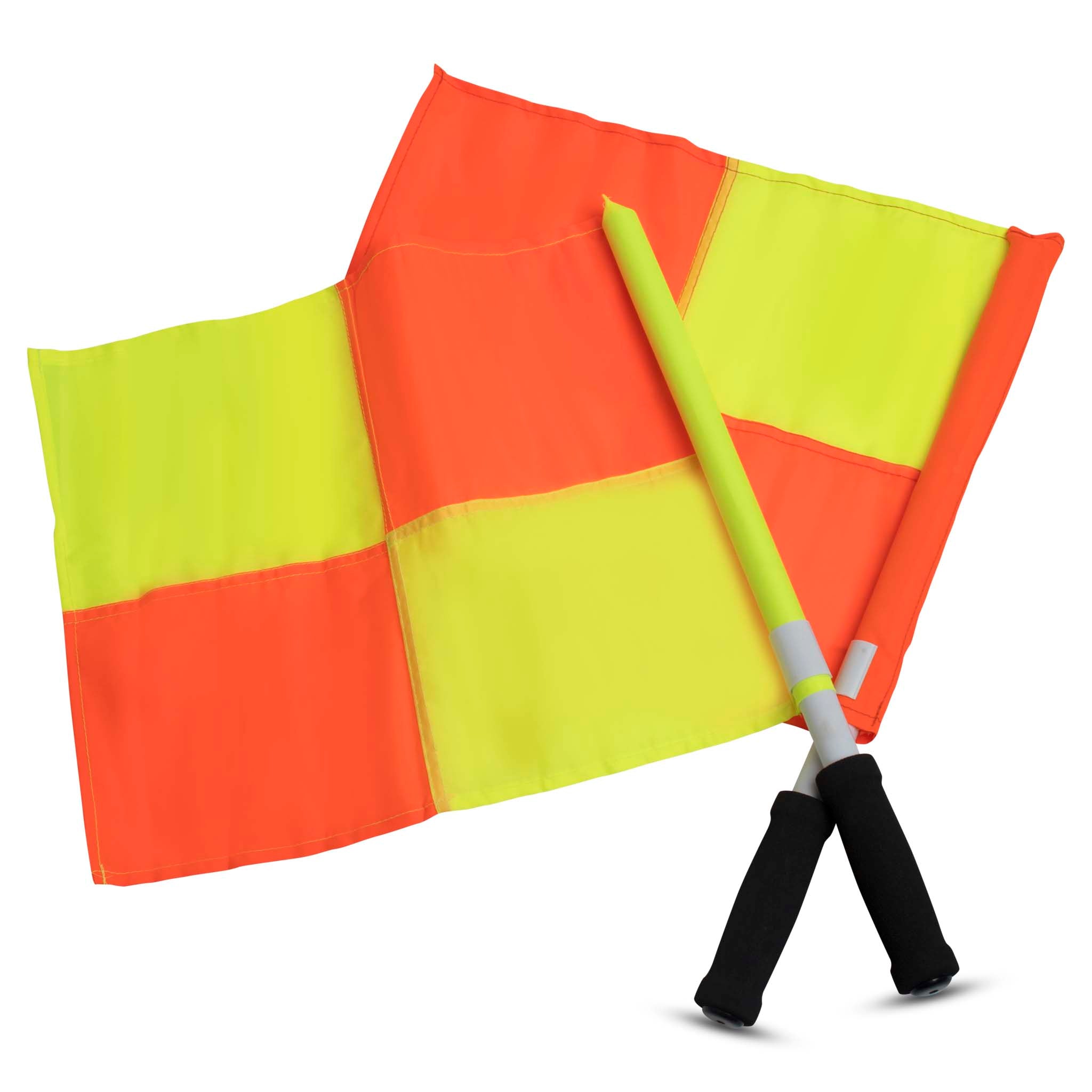 Linievogterflag Classic 2 stk., dommerudstyr i rød og gul ternet design med sorte håndtag, set forfra.