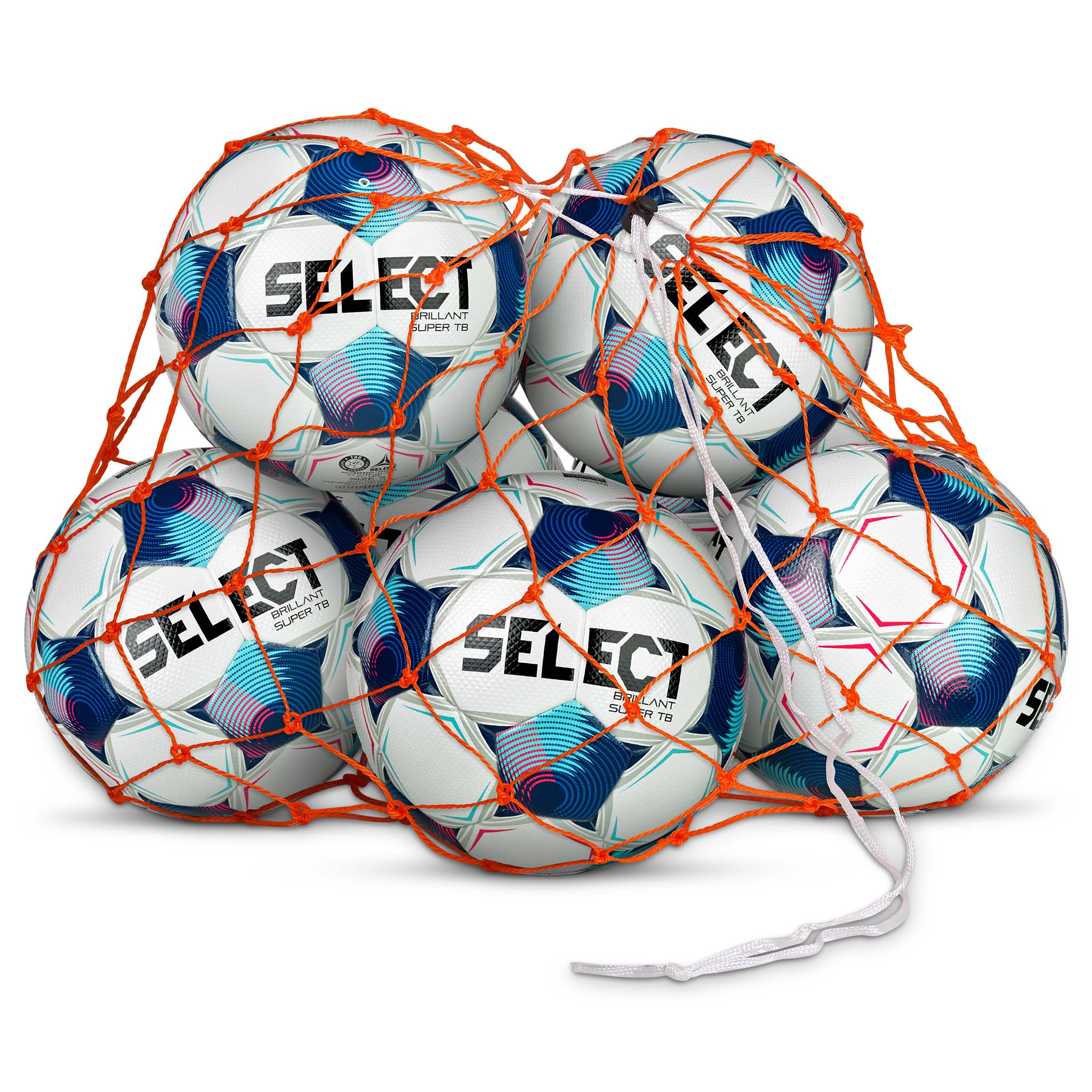 Forside af orange Ball net fra kategorien Boldudstyr med hvide, blå og orange fodbolde.
