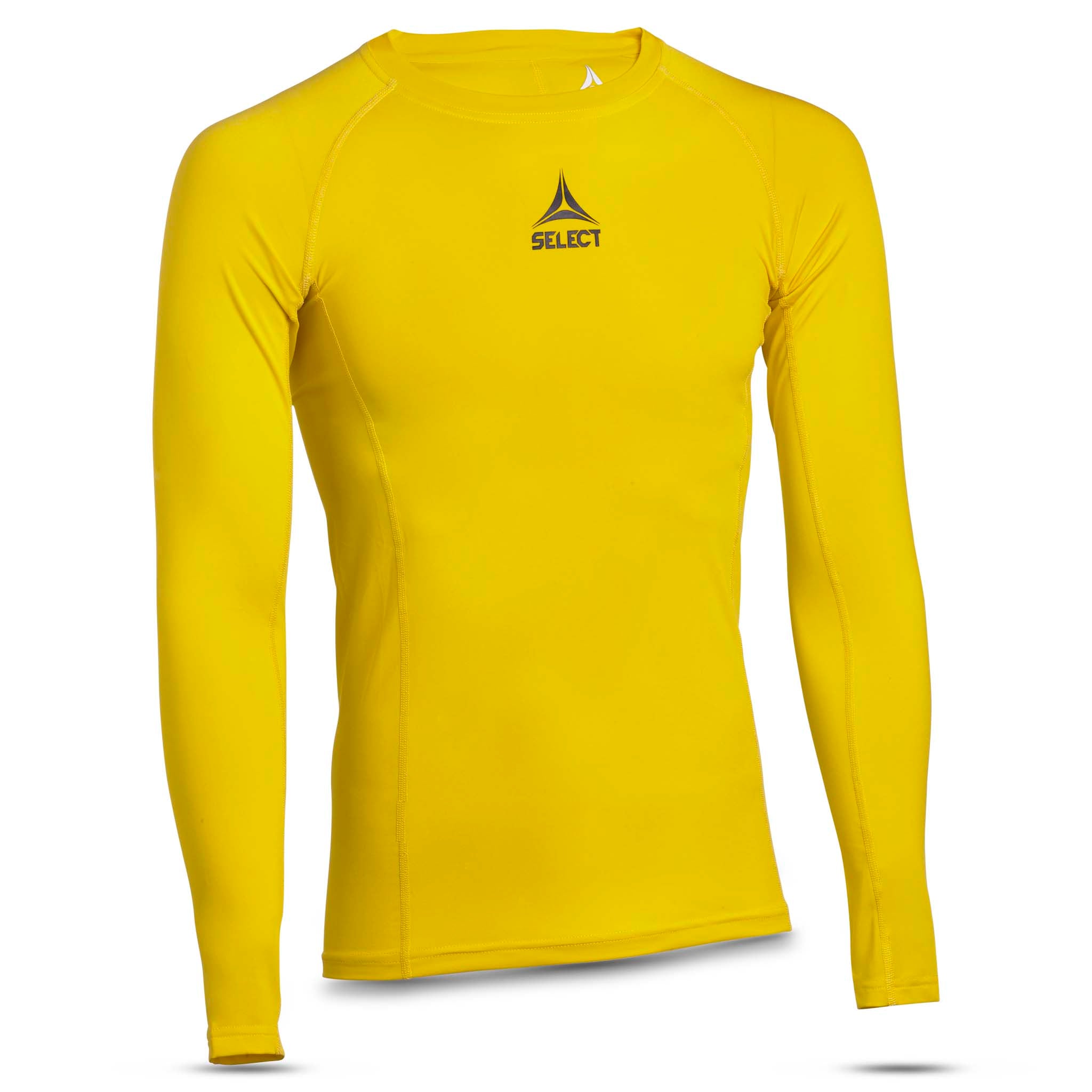 Forside af gul Shirts L/S Baselayer, en langærmet fodbold baselayer med sort logo.