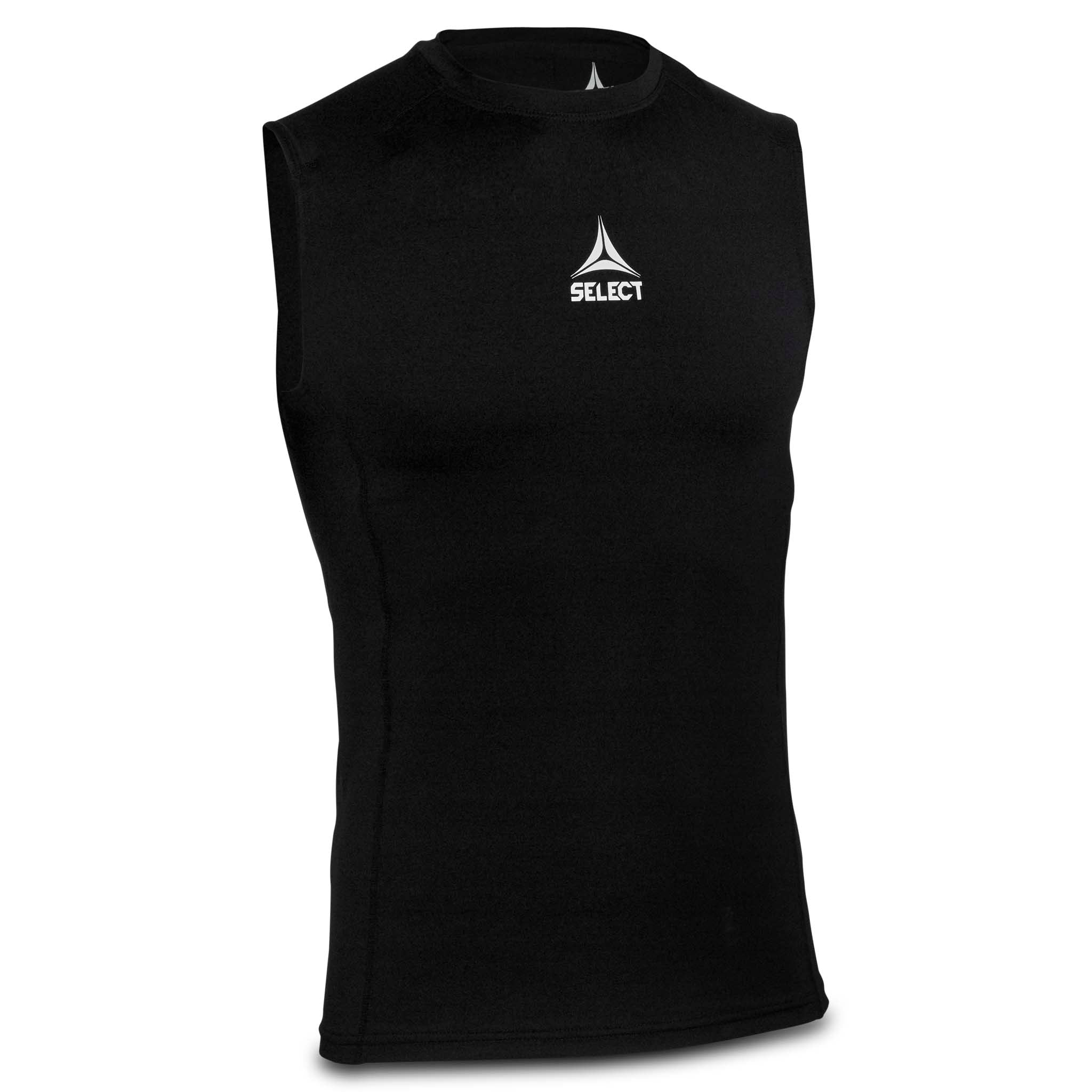 Sort Tank top Baselayer beklædning, set forfra, ærmeløs kompressionstop med logo på brystet.