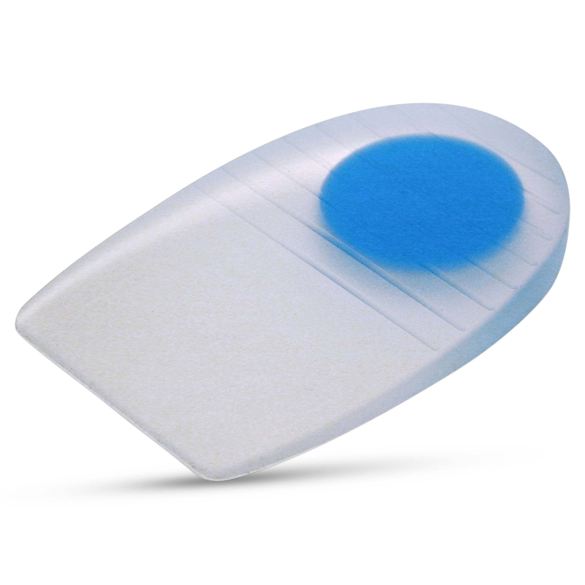 Forside af gennemsigtig silikone hælekile med blå gelkerne, sports care produkt.