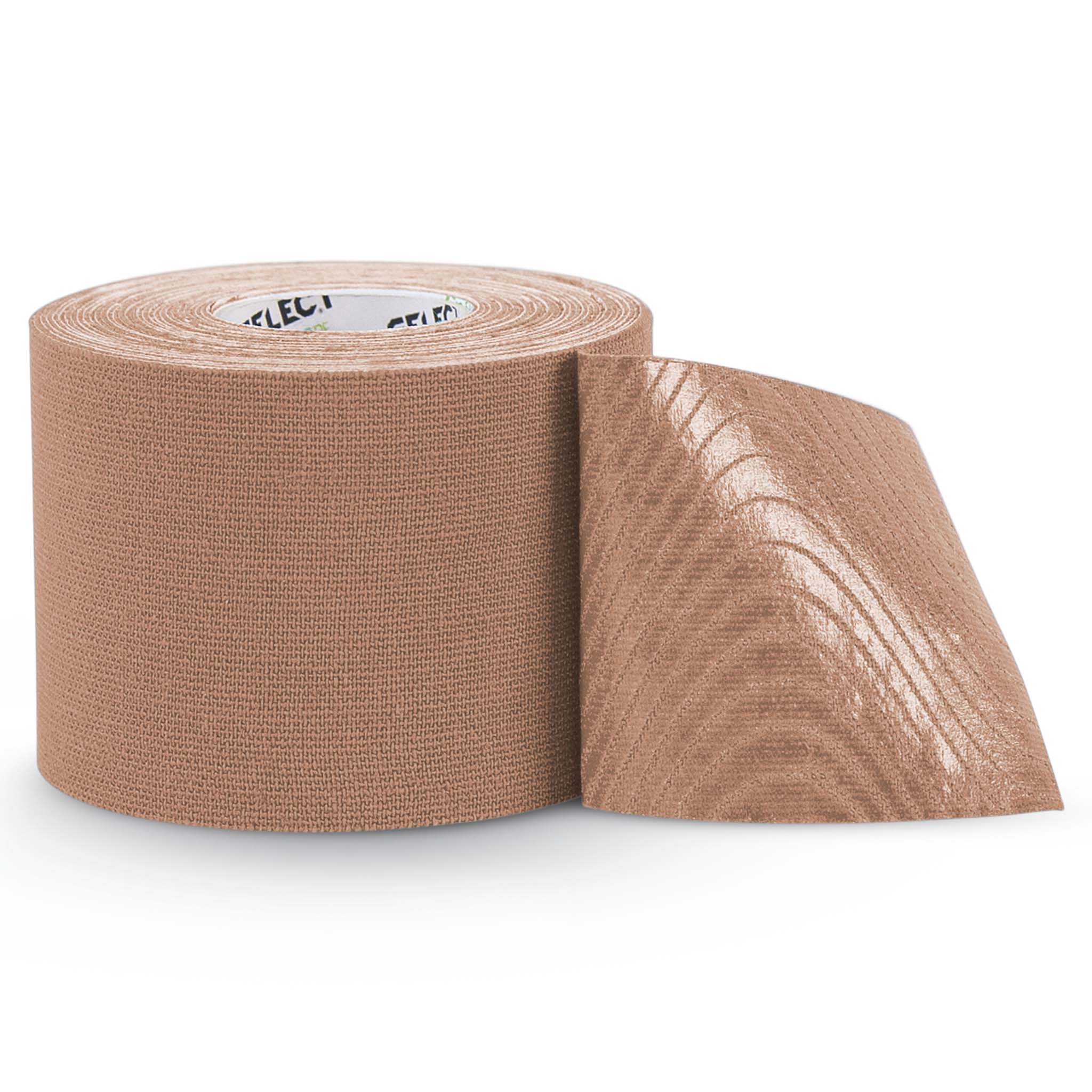 Forsidebillede af beige Tape Profcare K, en sportsplejetape-rulle delvist rullet ud