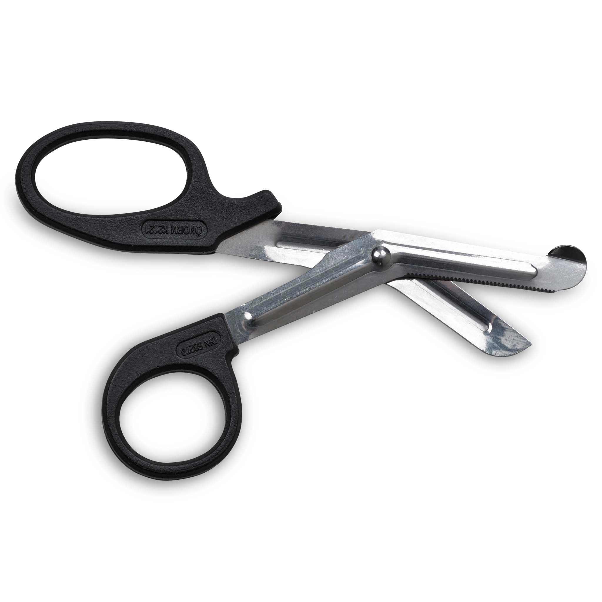 Forside af Scissor, sports care, med sorte håndtag og sølvfarvede blade i rustfrit stål.