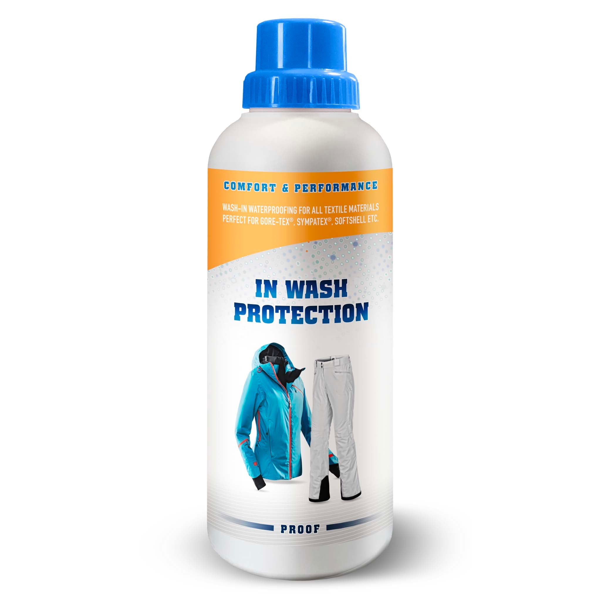 In Wash Protection sportspleje flaske, forside, hvid med blå hætte og orange og blå tekst