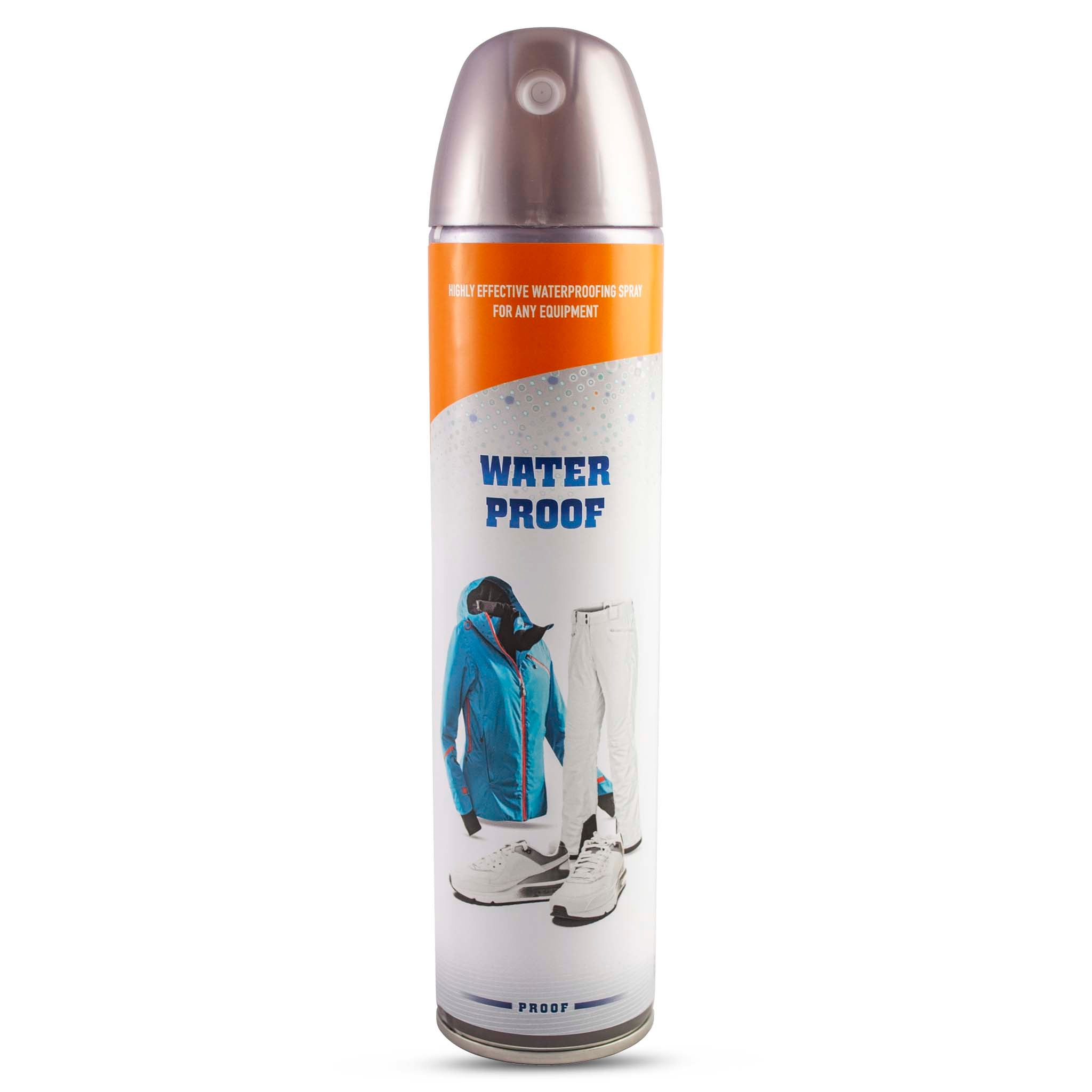 Forside af Woly Waterproof spray, hvid og orange dåse med blå tekst, viser jakke, bukser og sko.