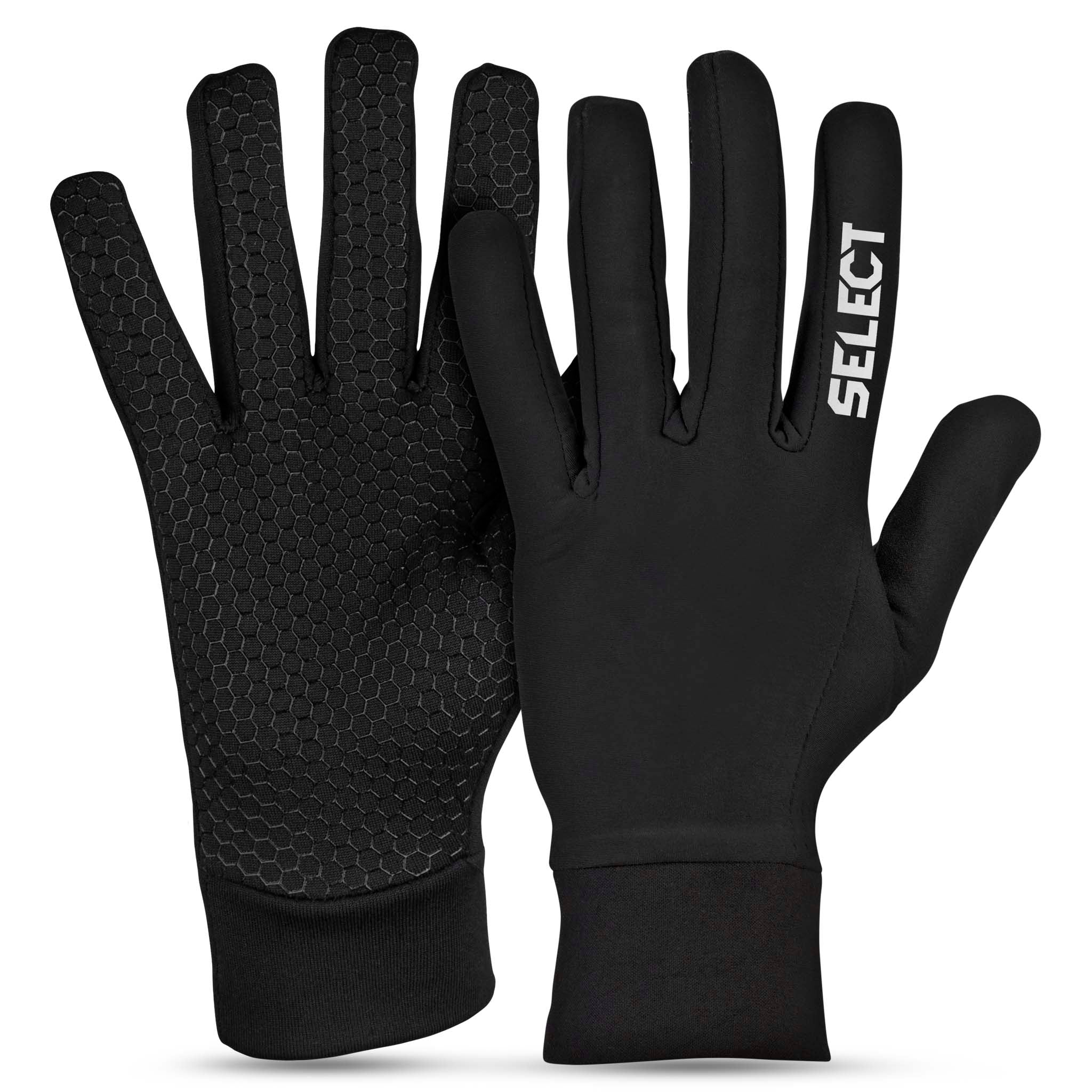 Sorte Player gloves Winter v23 målmandshandsker, for- og bagside med struktureret greb og Select-logo