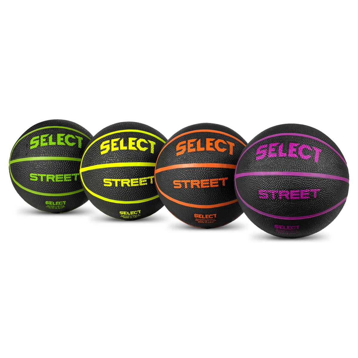 Forside af Basketball mini, Andre bolde, fire sorte bolde med grønne, gule, orange og lilla detaljer.