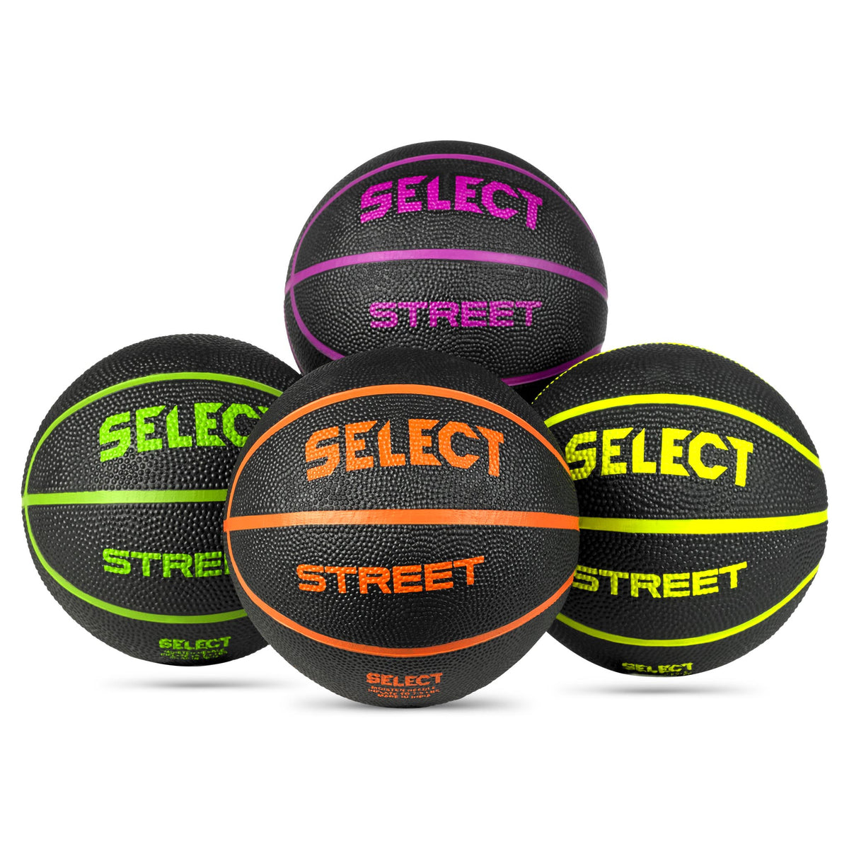 Forside af Basketball mini, Andre bolde, fire sorte bolde med lilla, grøn, orange og gul.