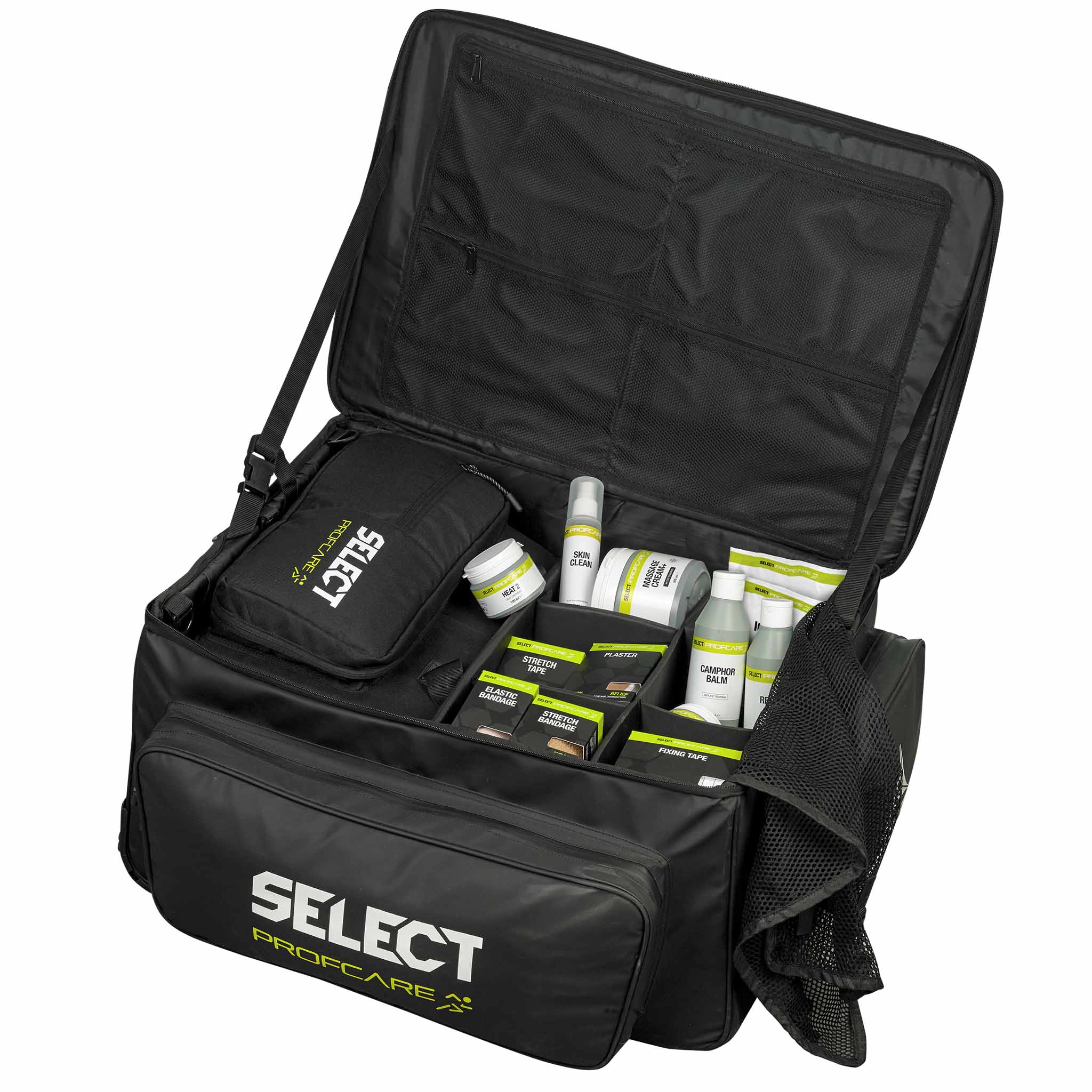 Closeup af sort Medicalbag trolley v25 Sports care, åben med fodbold-medicinsk udstyr indeni.