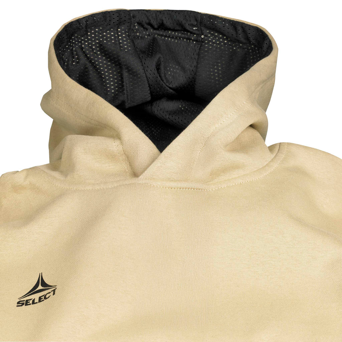 Nærbillede af beige Hoodie Basic Select v24 fritidstøj med sort meshforet hætte og Select-logo.