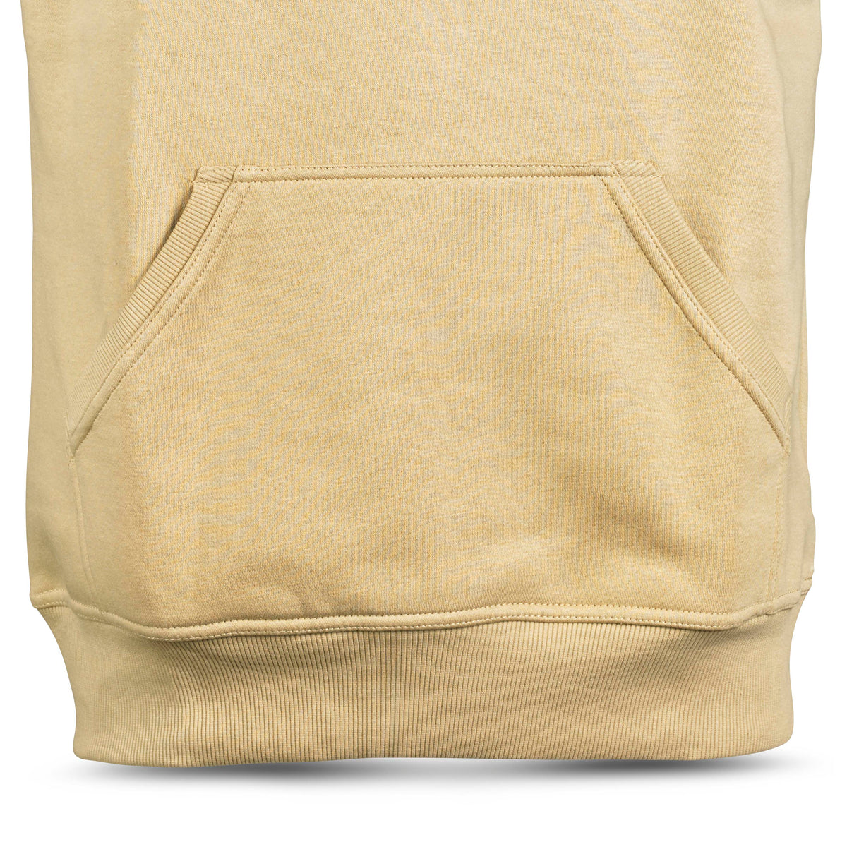 Nærbillede af beige Hoodie Basic Select v24 fritidstøj med kængurulomme og ribkant.