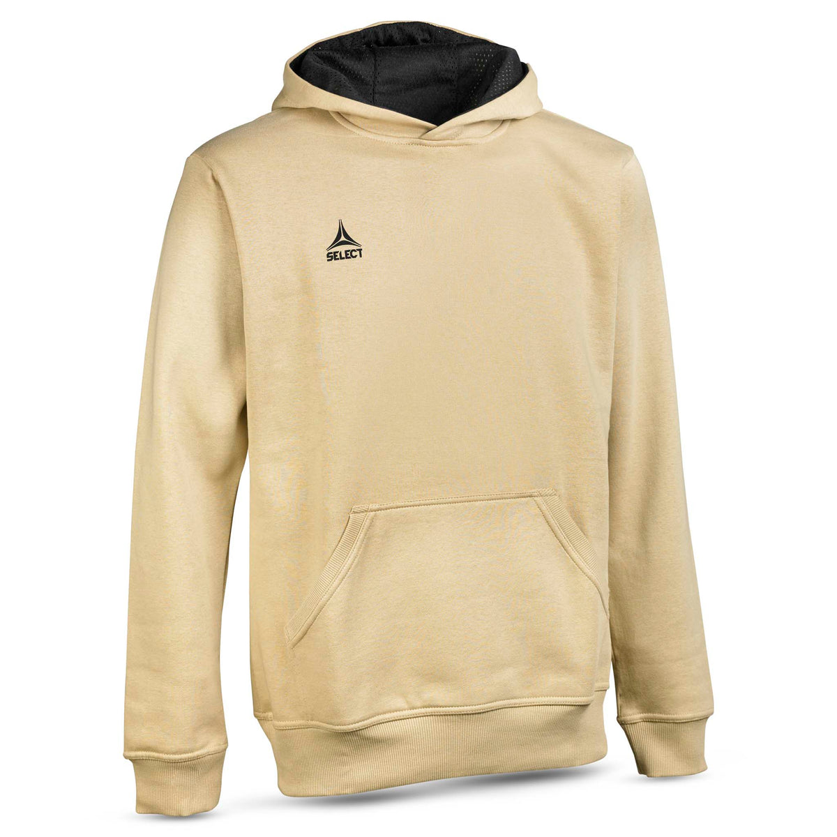 Beige Hoodie Basic Select v24, fritidstøj med sort hættefor, set forfra.