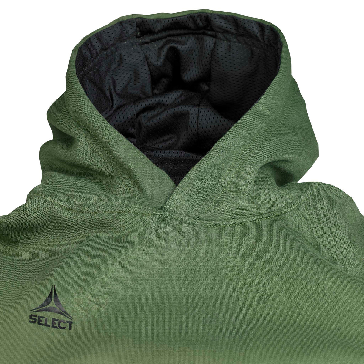 Nærbillede af grøn Hoodie Basic Select v24 fritidstøj med hætte, sort meshfor og Select-logo.