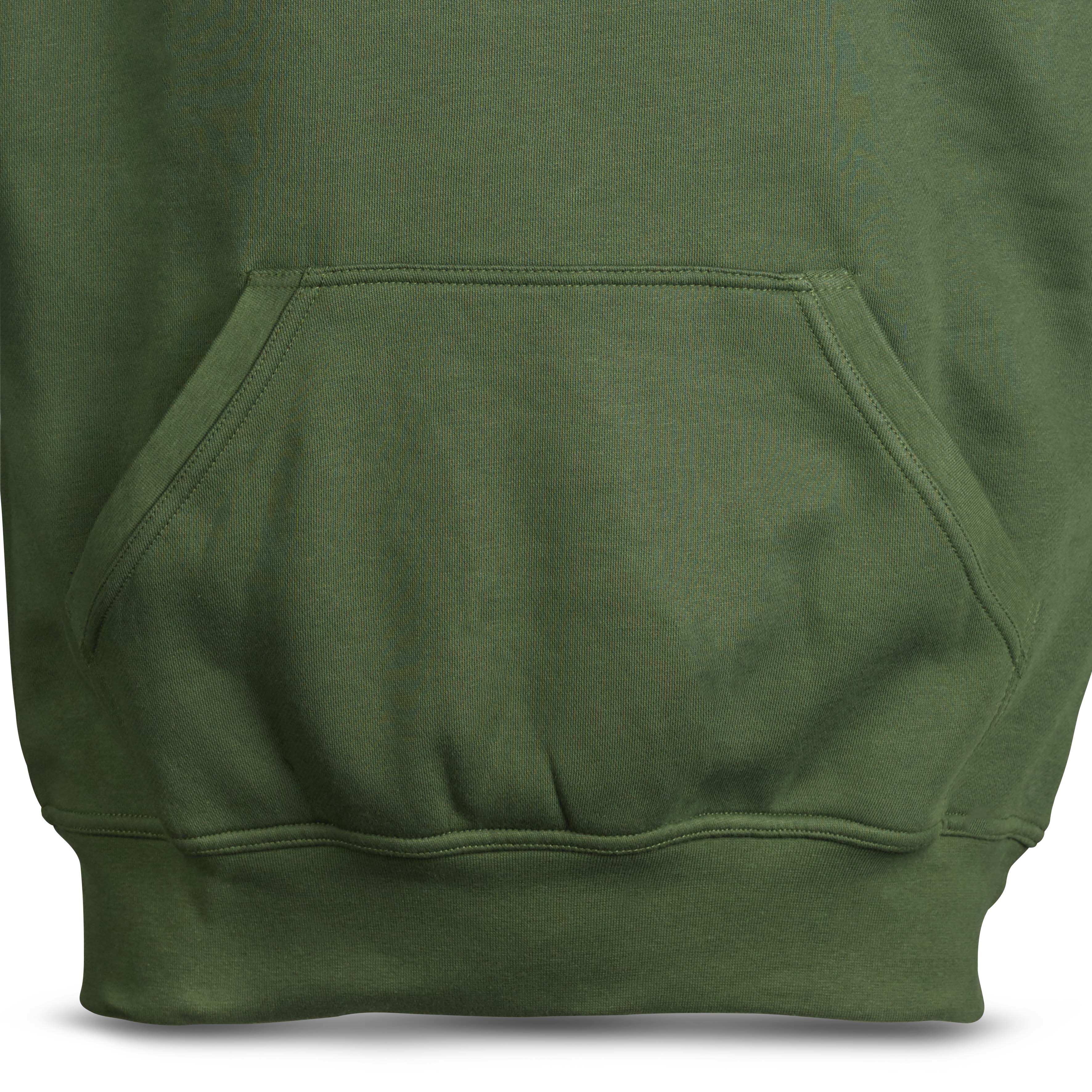 Nærbillede af grøn Hoodie Basic Select v24 fritidstøj med kænguru-lomme og ribkant.