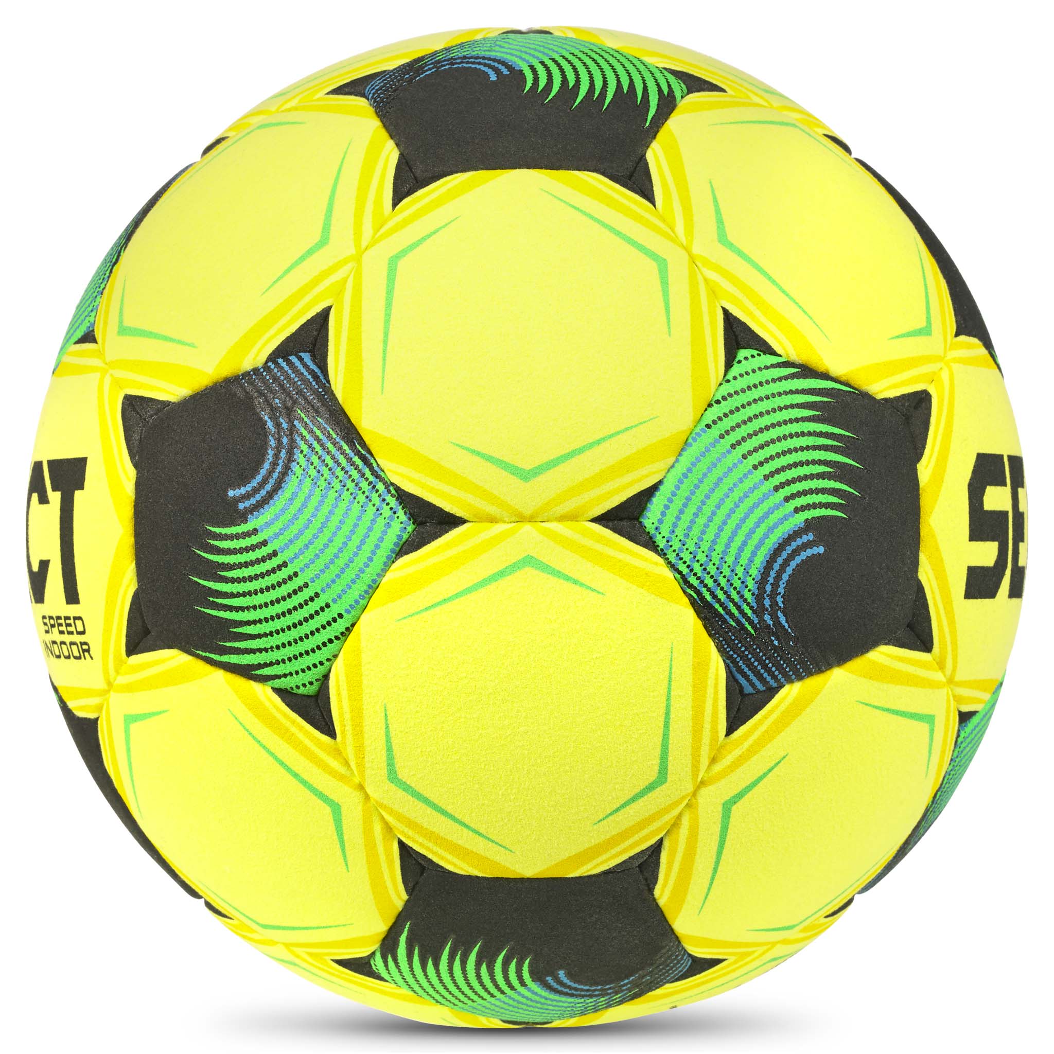 Speed Indoor v26 fodbold, gul med sorte, grønne og blå detaljer, set fra højre side