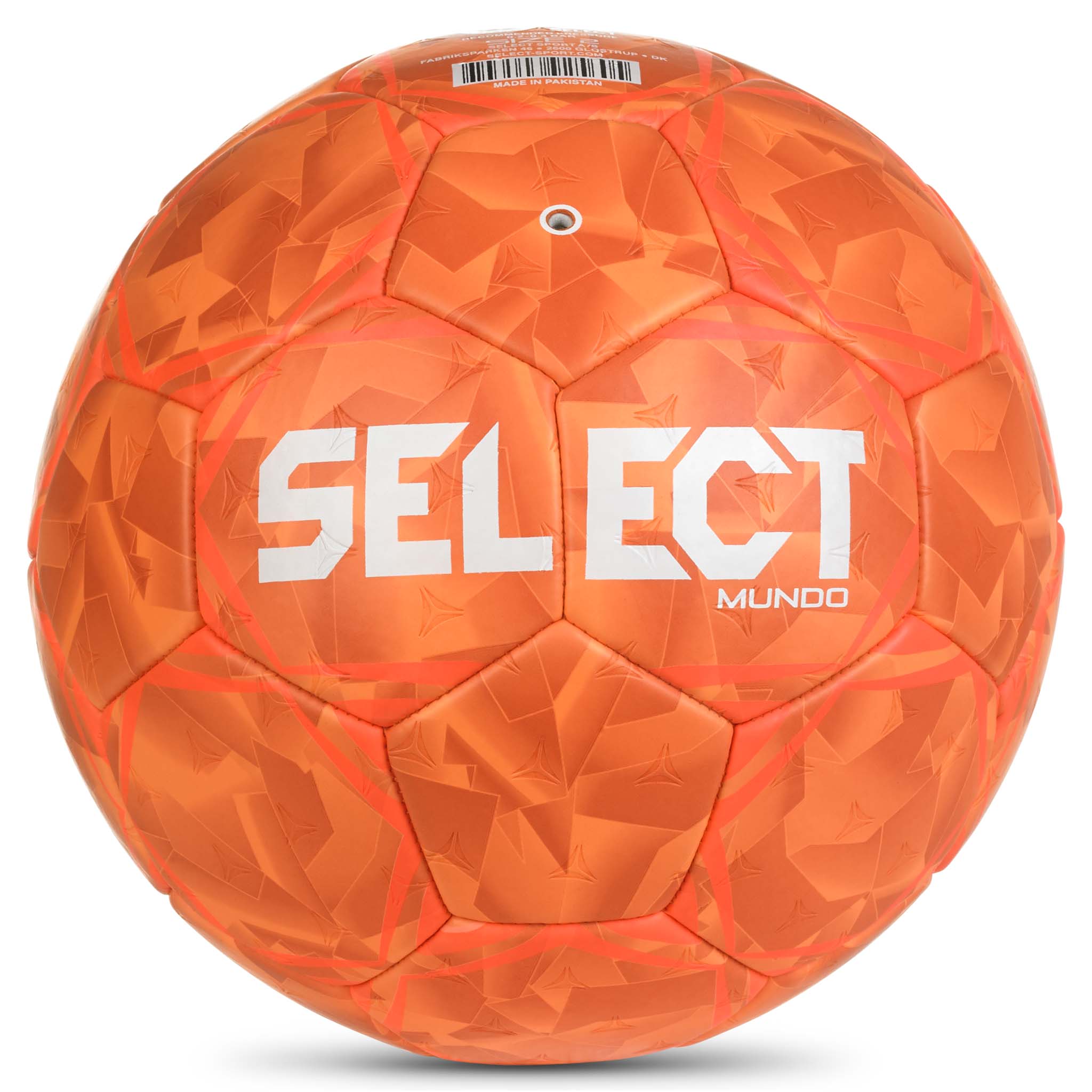 Bagside af orange Mundo v26 håndbold med hvidt Select-logo og struktureret mønster.
