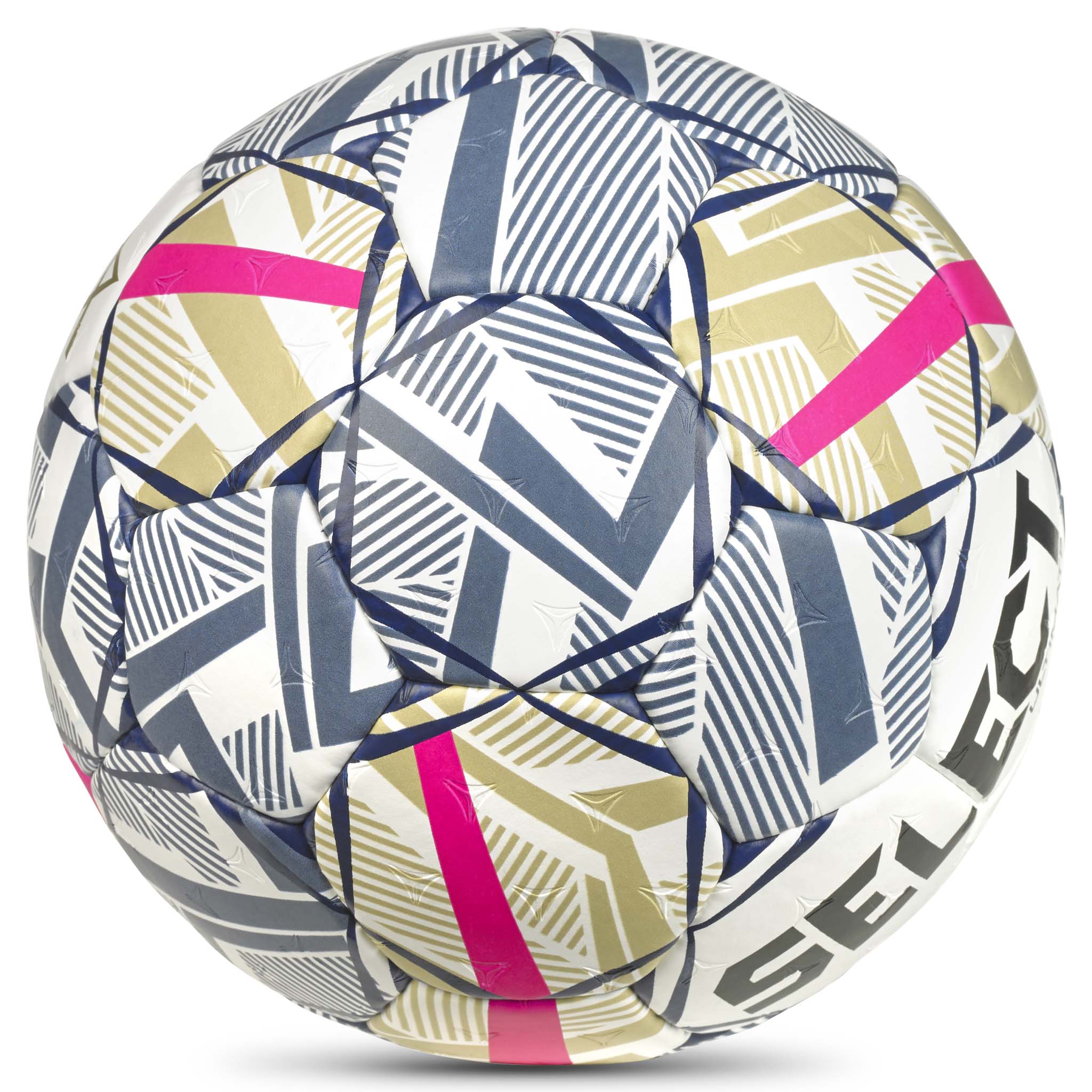 Ultimate EHF Champions League v26 håndbold i hvid, blå, guld og pink med geometrisk mønster, nærbillede.