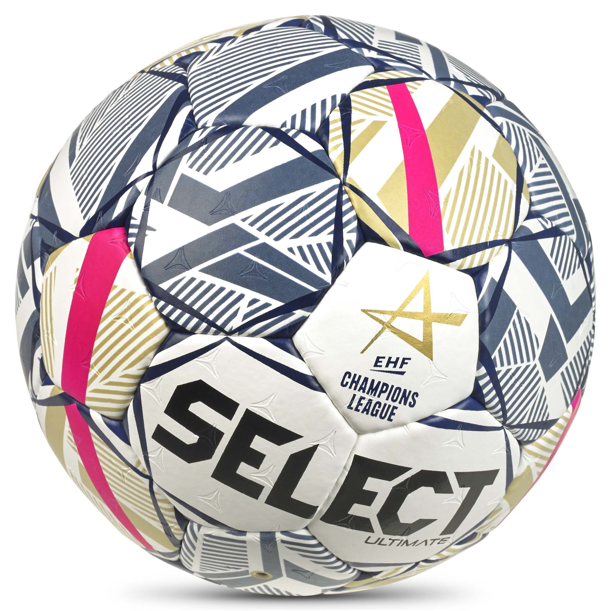 Ultimate EHF Champions League v26 håndbold, set forfra, hvid med blåt, guld og pink geometrisk design