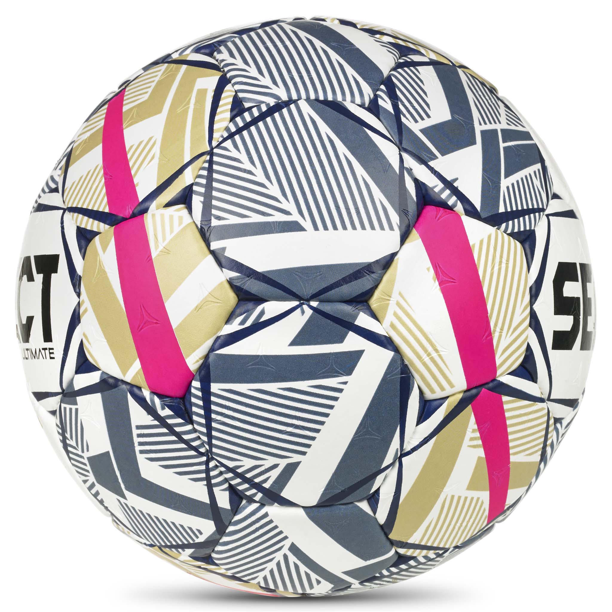 Ultimate EHF Champions League v26 håndbold, hvid med blåt, guld og pink geometrisk mønster, set fra højre side.