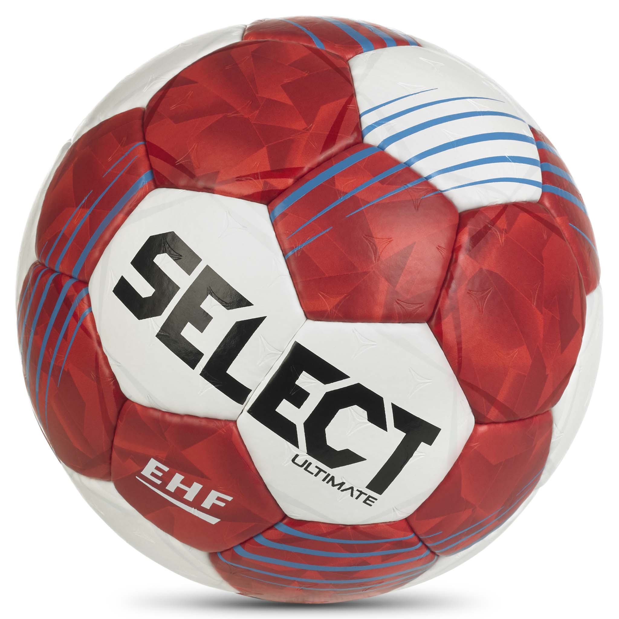 Nærbillede af rød, hvid og blå Ultimate v26 håndbold med Select-logo og EHF-mærke