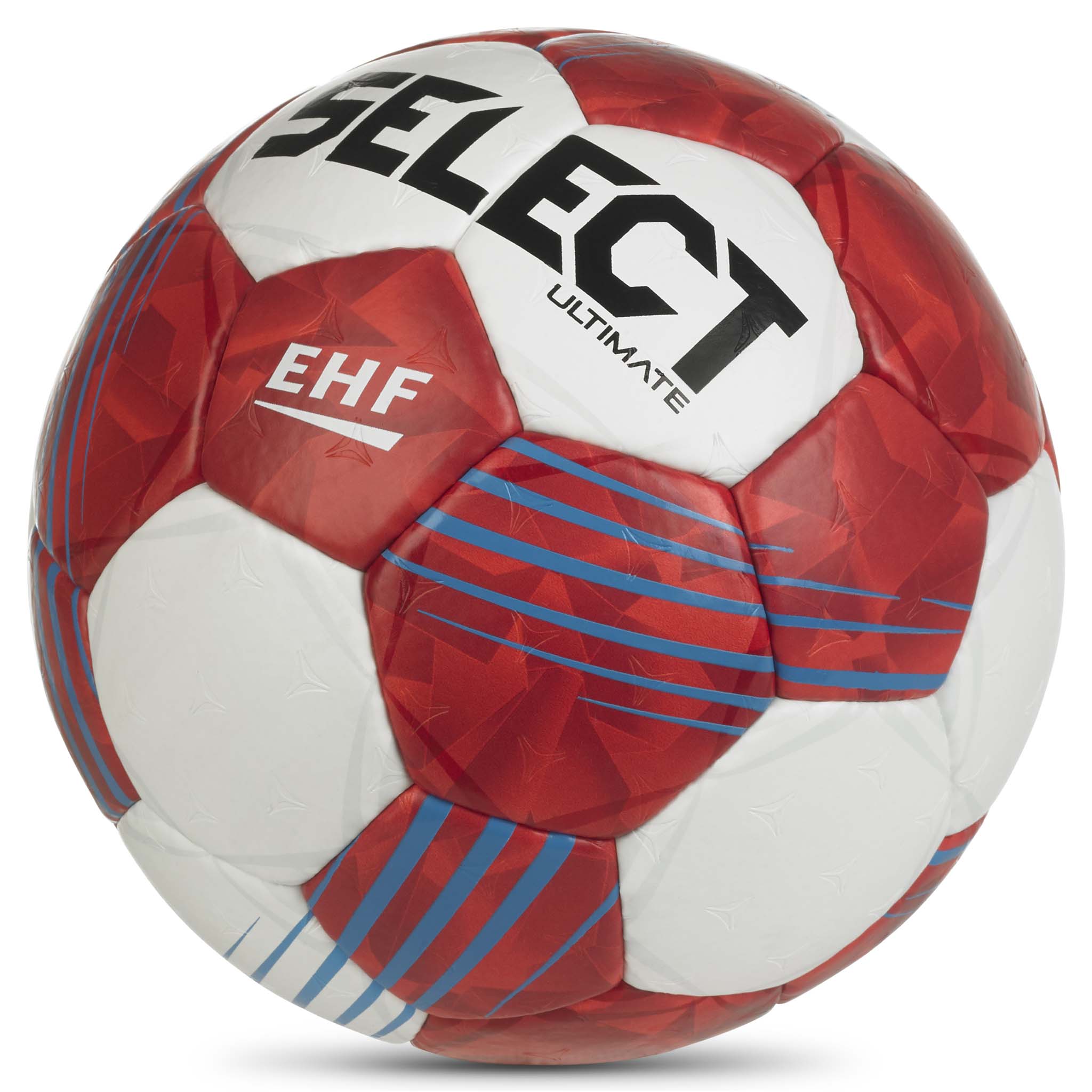 Nærbillede af rød og hvid Ultimate v26 håndbold med blå detaljer og EHF-logo