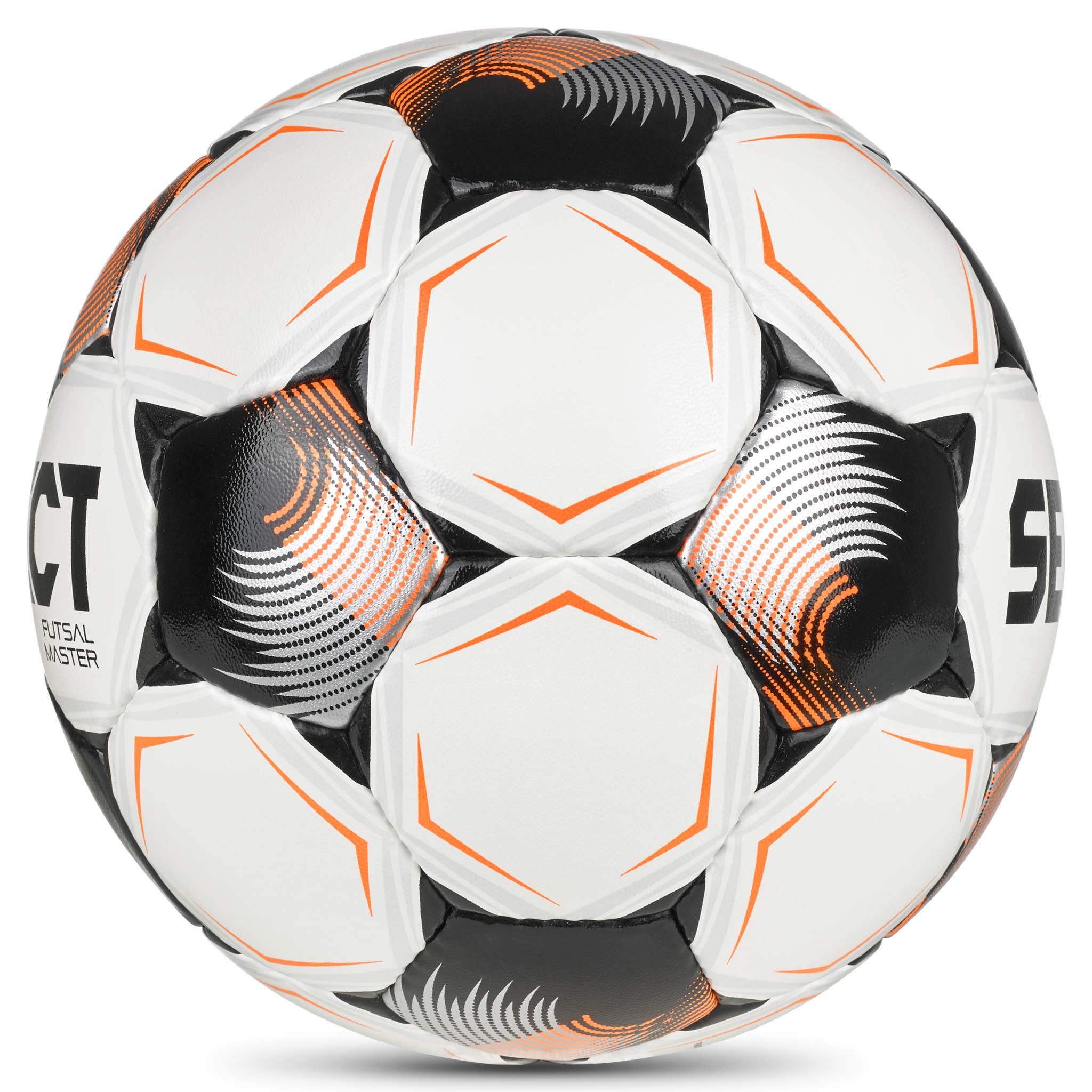 Hvid, orange og sort Futsal Master v26 futsalbold, set fra højre side.