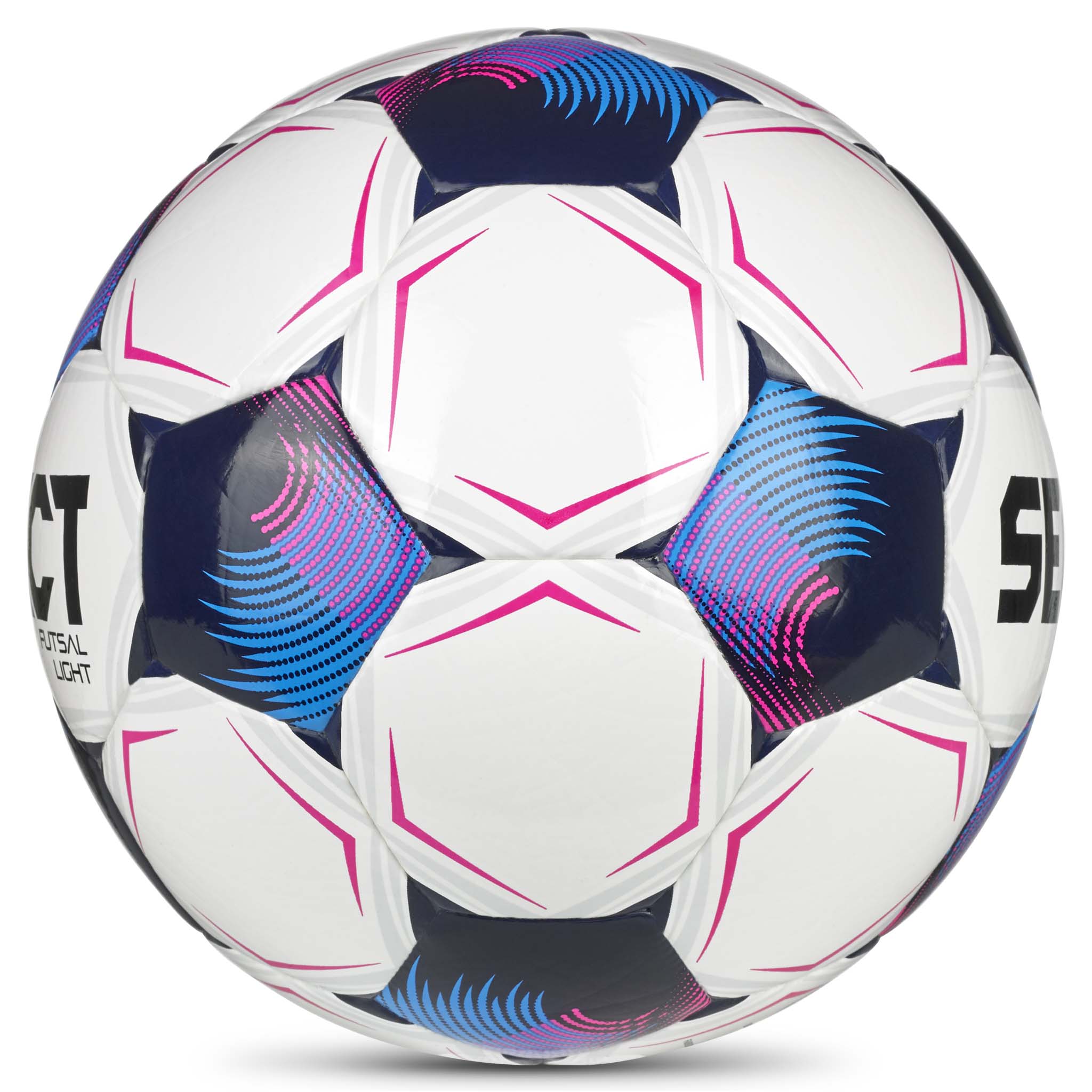 Futsal Light v26 futsalbold, set fra højre side, i hvid med blå, marineblå og pink detaljer.