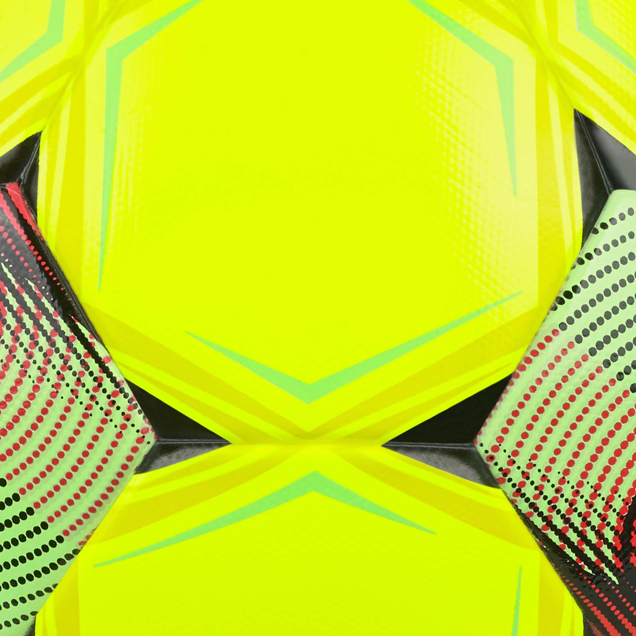 Nærbillede af Futsal Mimas v26 bold med neongul overflade og grønne, sorte og røde detaljer.