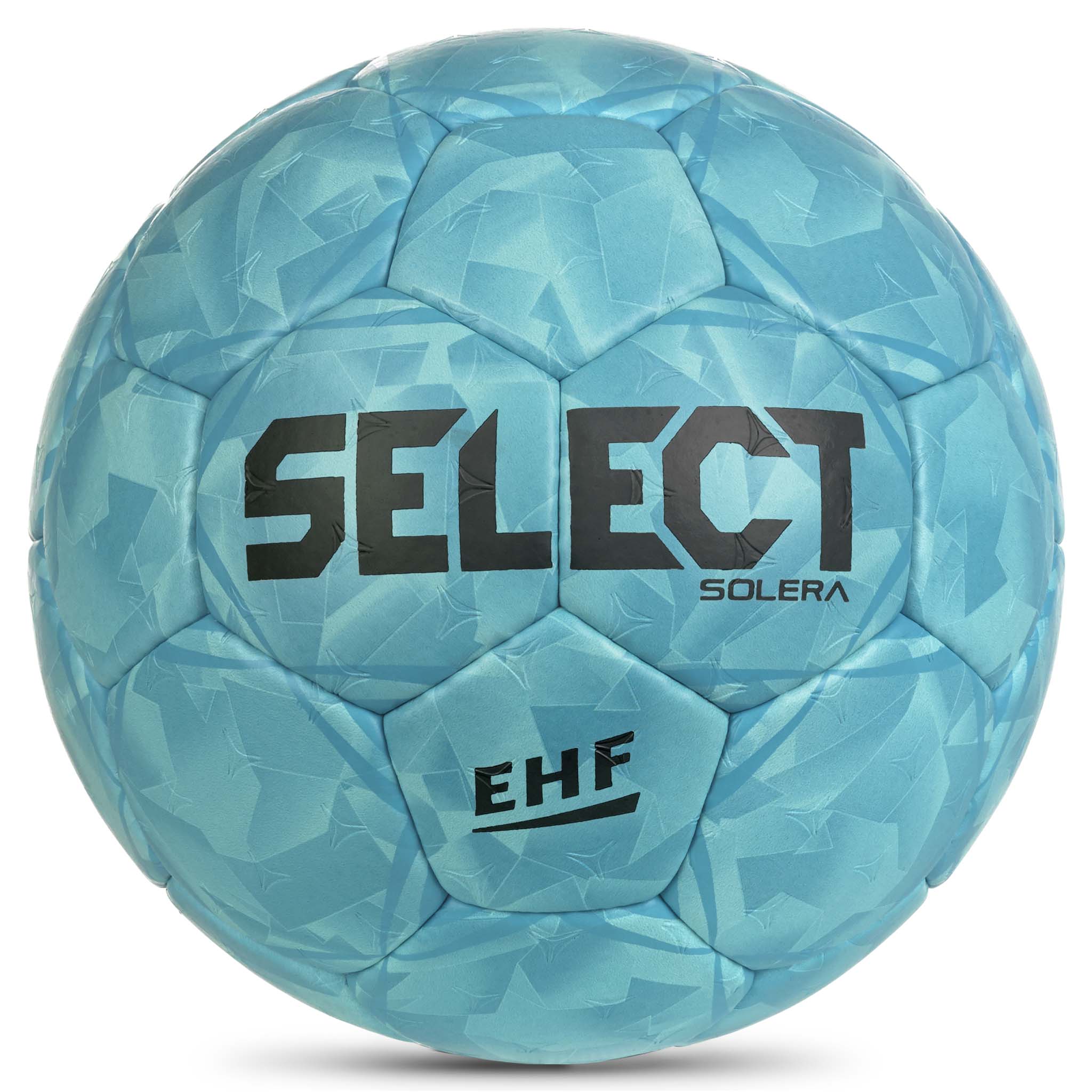 Forside af blå Solera v26 håndbold med sort logo, EHF-mærke og struktureret paneldesign