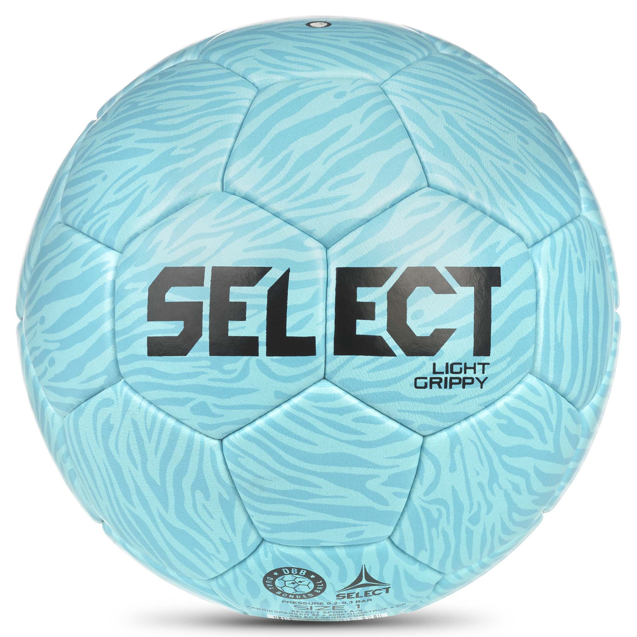 Bagside af lyseblå Light Grippy v26 håndbold med grå og sort Select-logo.