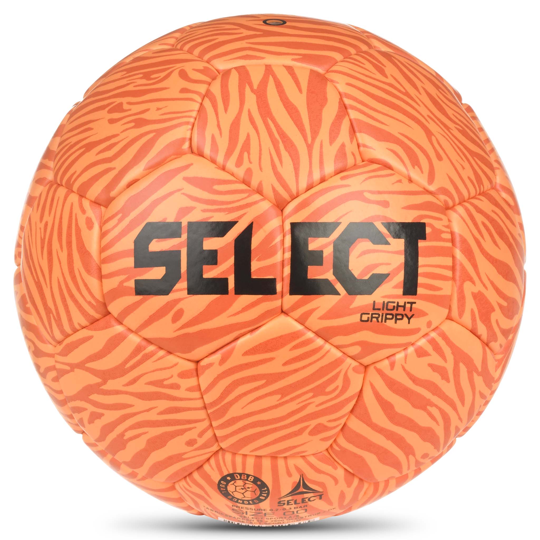Orange Light Grippy v26 håndbold med mørkere tigerstribet mønster, bagsidevisning.