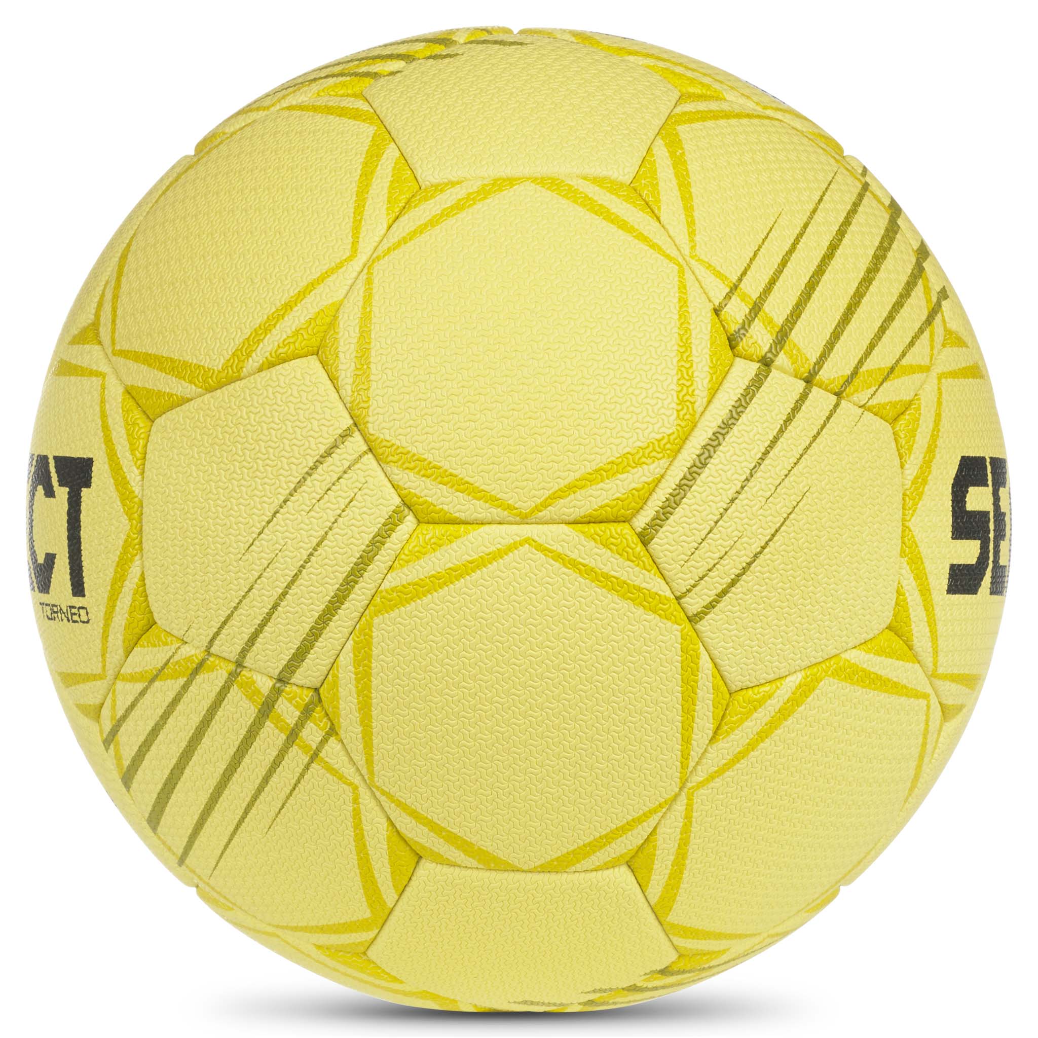 Gul Torneo v26 håndbold, set fra højre side med strukturerede paneler og logo.