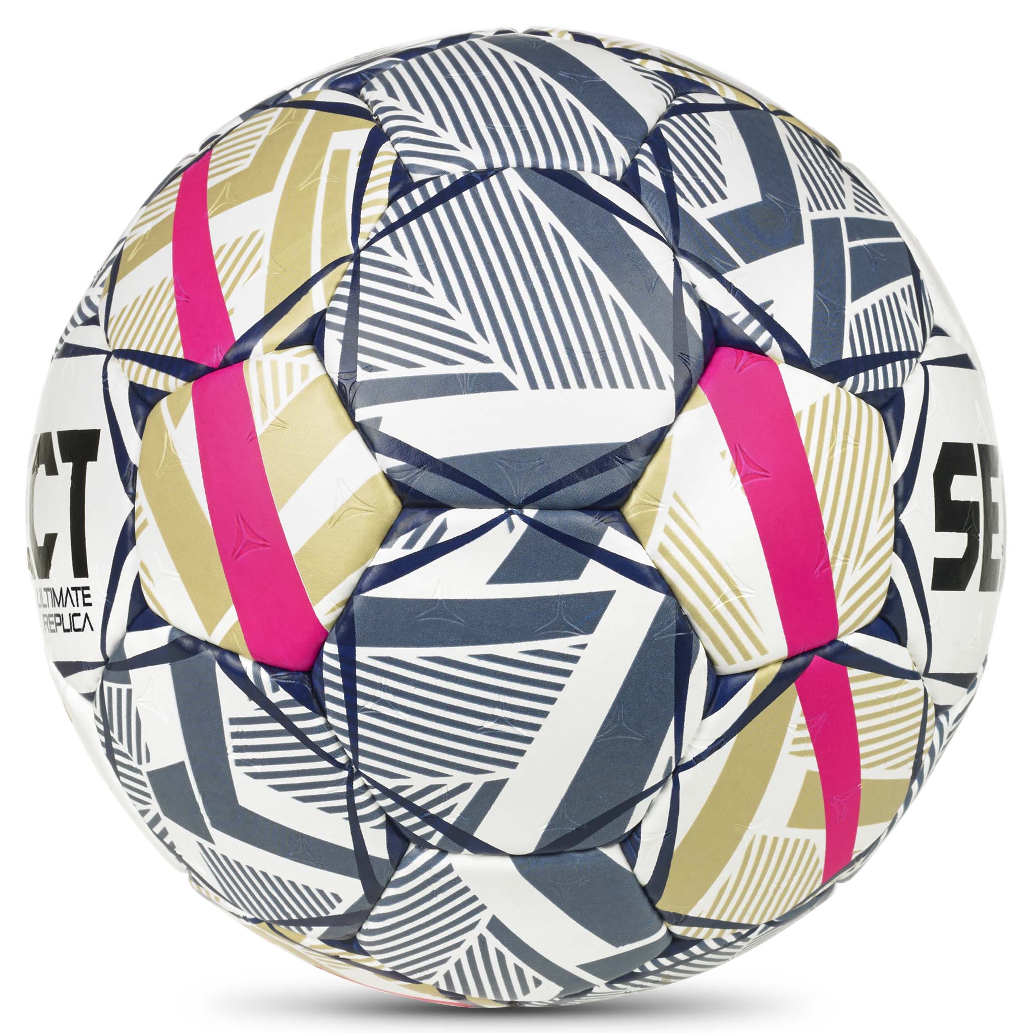 Replica EHF Champions League v26 håndbold, hvid, blå, guld og pink, set fra siden