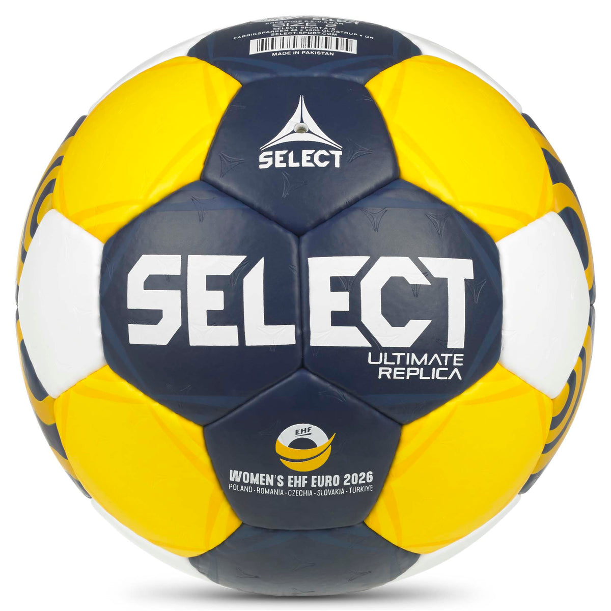 Replica EHF Euro Women v26 håndbold, forside, i gul, marineblå og hvid.