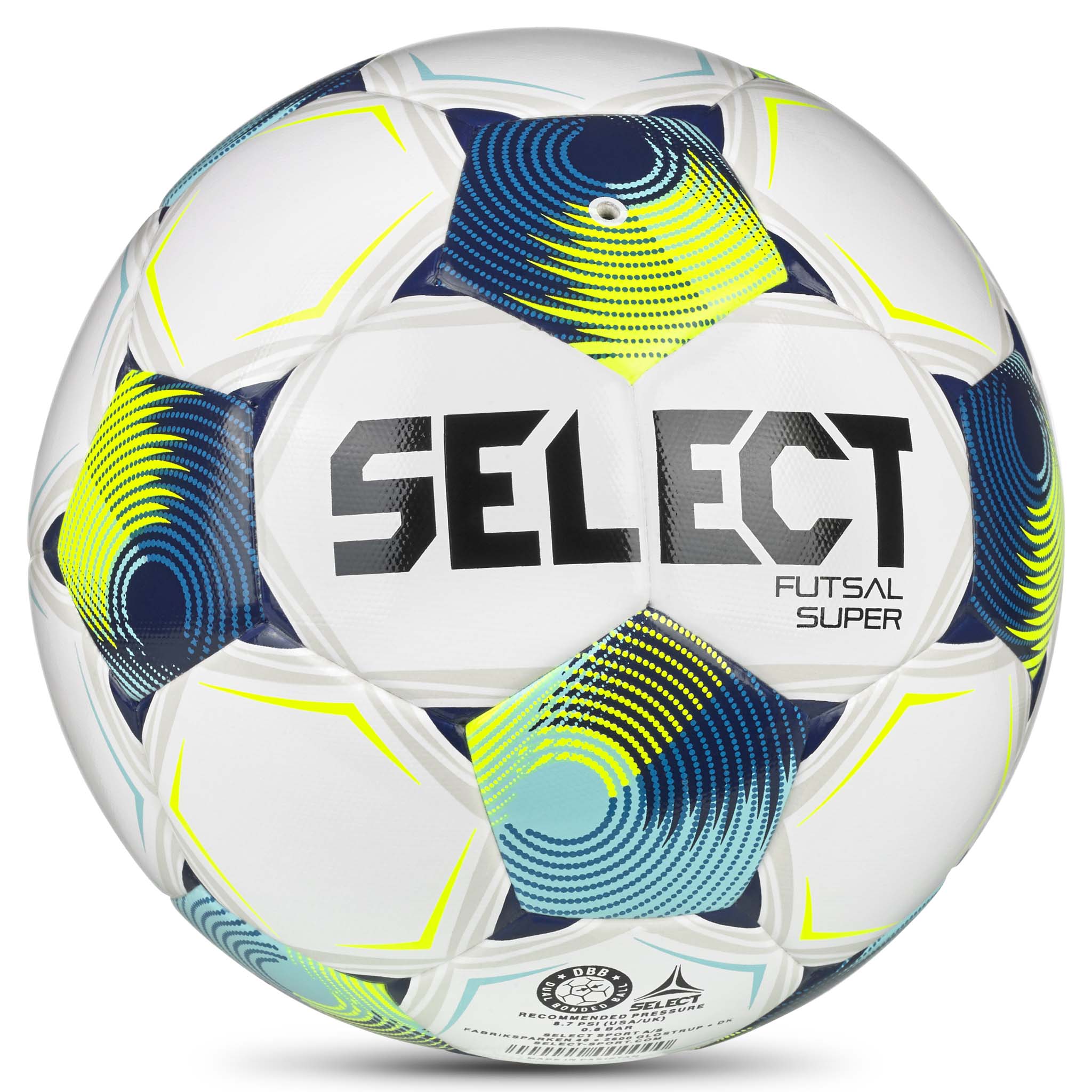 Futsal Super v26 bold, bagside. Hvid med blåt, grønt og turkis design.