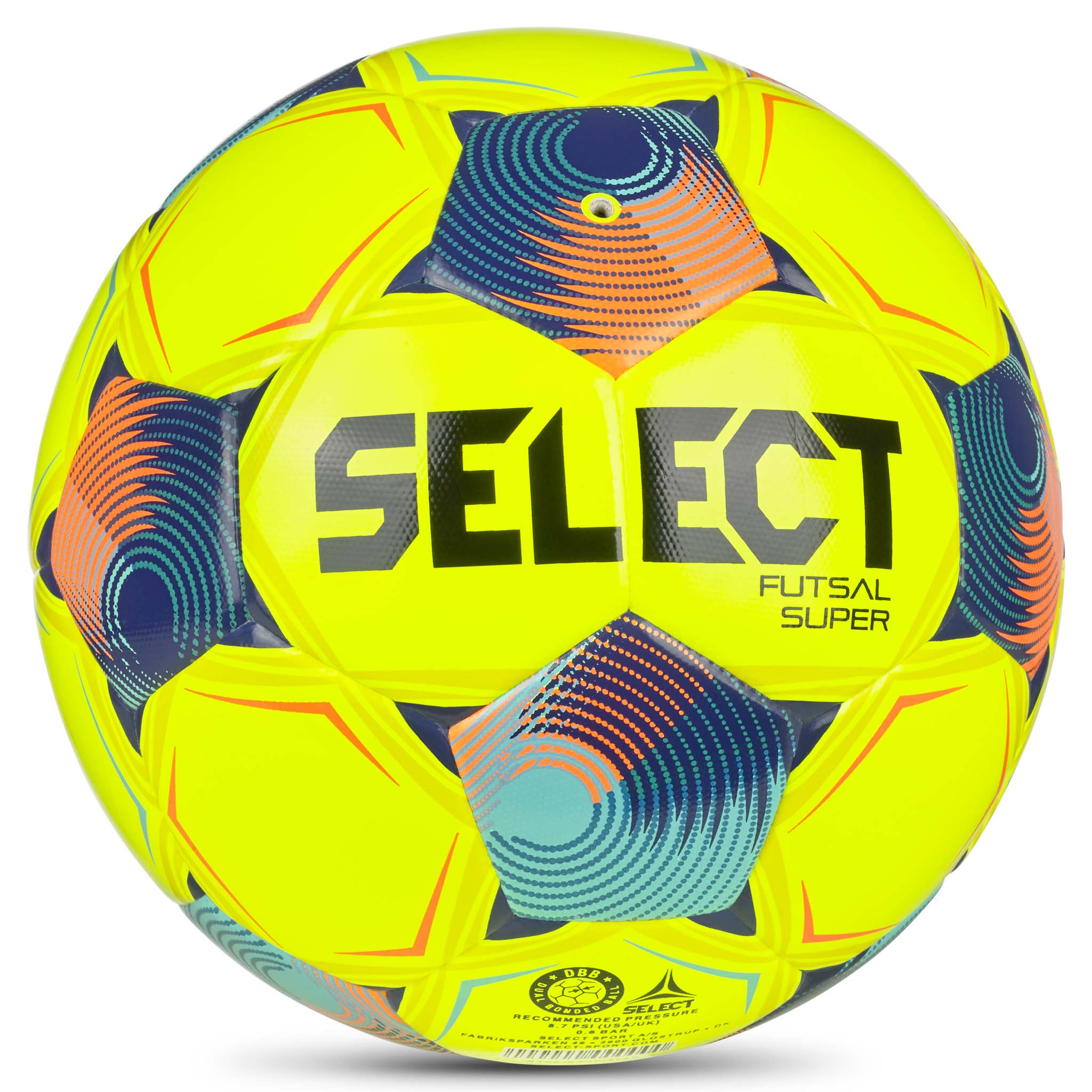 Futsal Super v26 fodbold i gul med blå, orange og turkise detaljer, set fra bagsiden.
