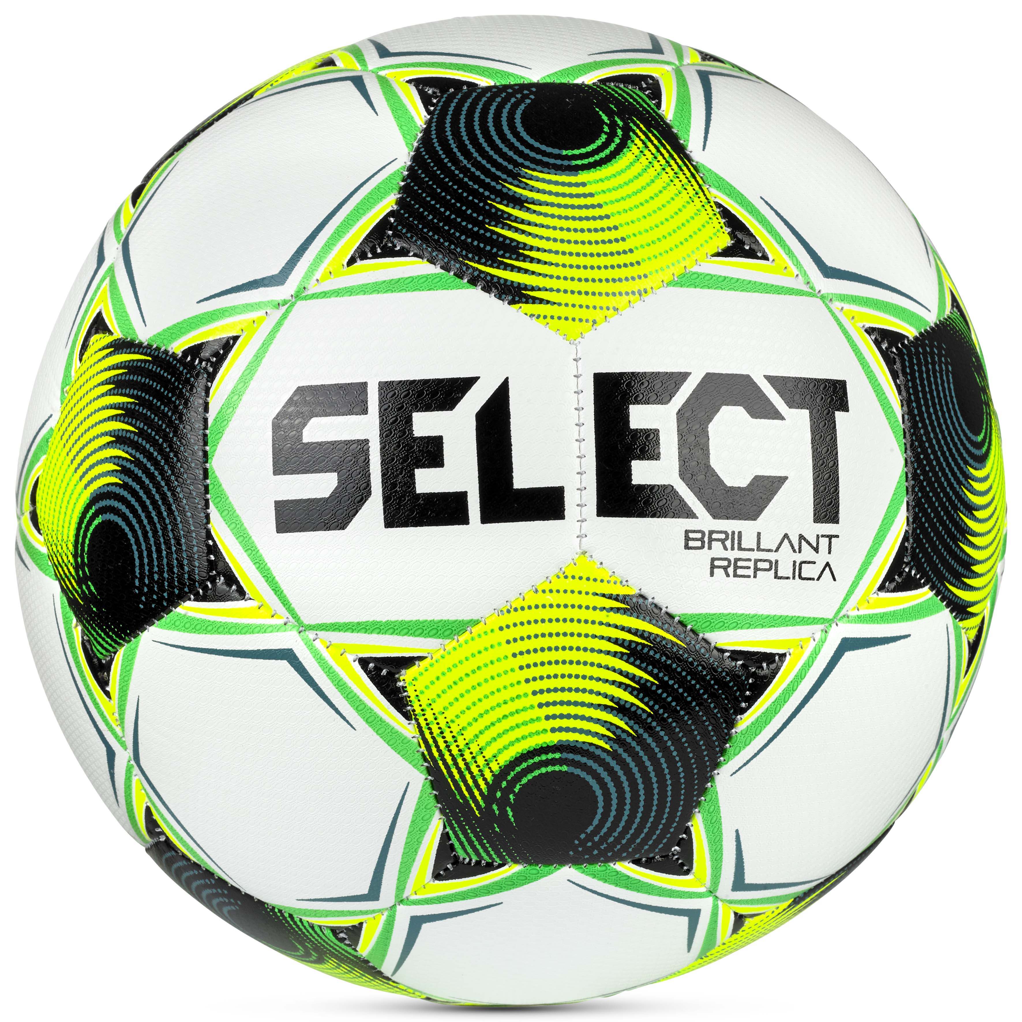 Forside af hvid, grøn, gul og sort Brillant Replica 3F Superliga v26 fodbold
