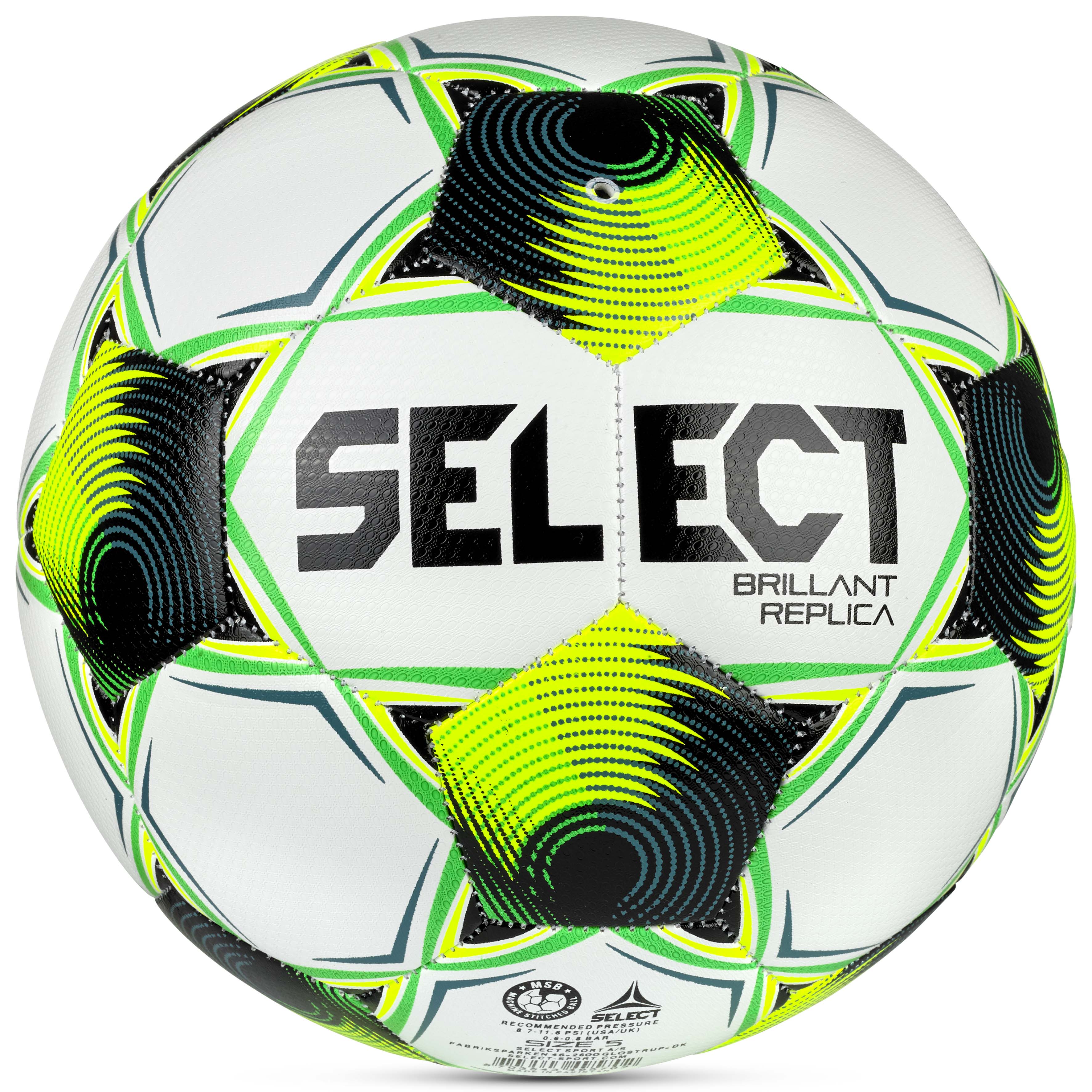 Bagside af Brillant Replica 3F Superliga v26 fodbold i hvid, grøn, gul og sort.