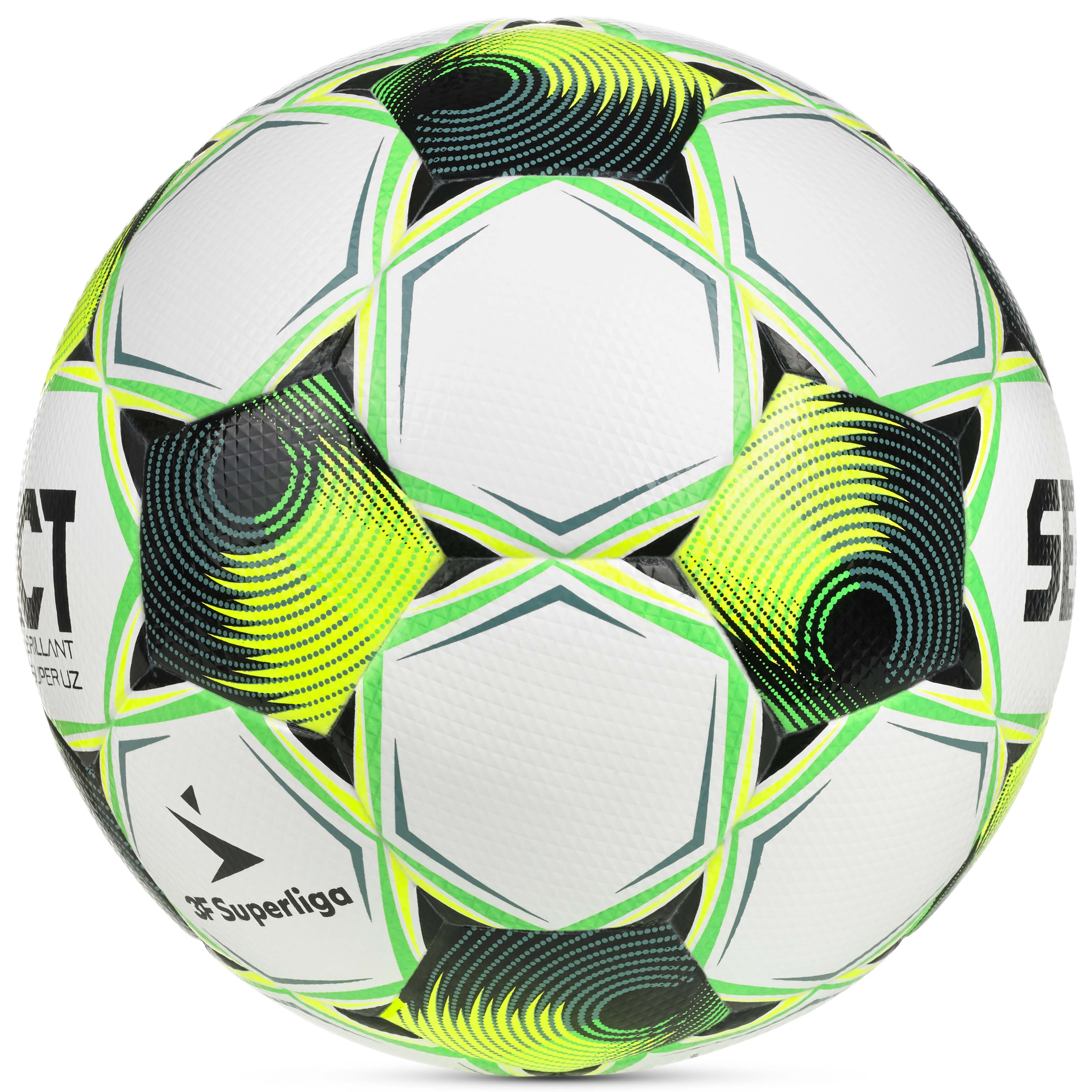 Brillant Super UZ 3F Superliga v26 fodbold i hvid med grønt, gult og sort design, set fra højre side