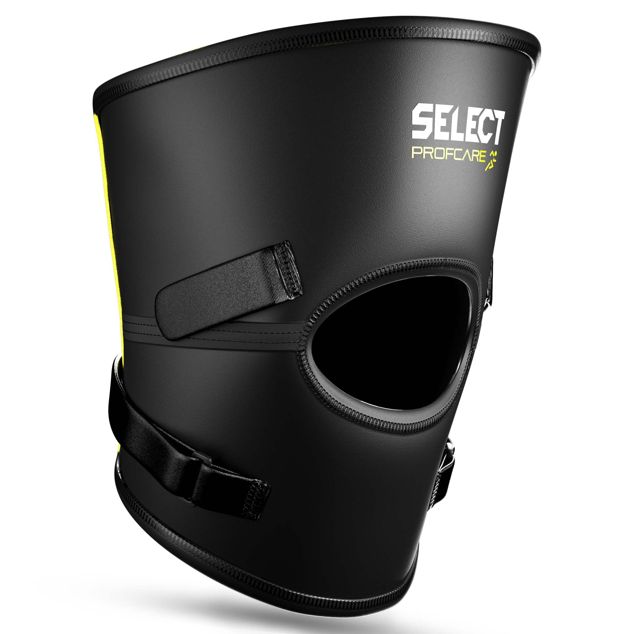 Forside af sort Knee support Stabilizer 6207 sportsstøtte med gule detaljer og justerbare remme.