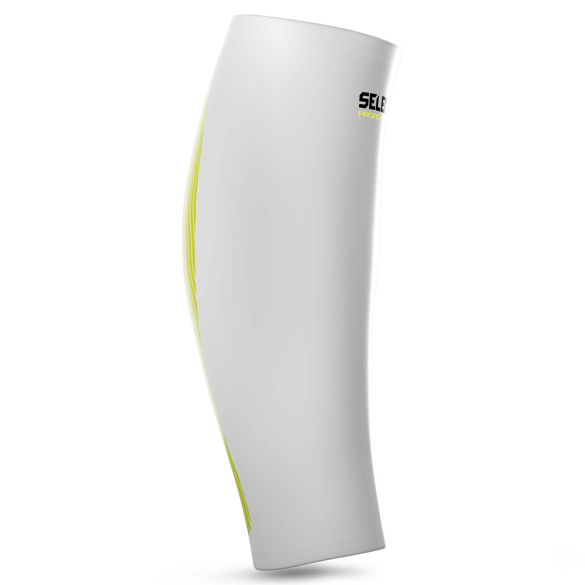 Forside af hvid Compression Calf 6150 sportsstøtte med grønne detaljer.