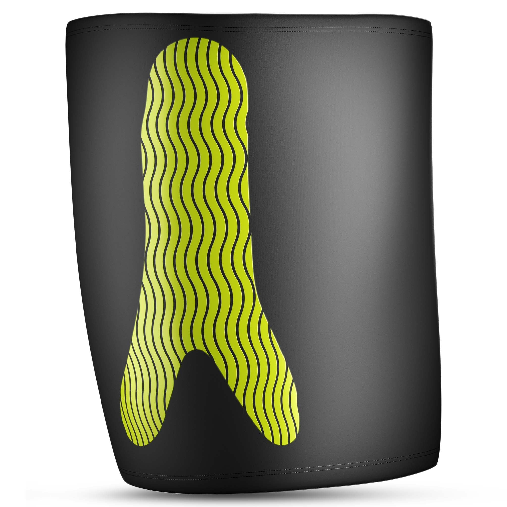 Sort Compression thigh support 6350, sportsstøtte, bagside med grønt bølget kinesiologisk panel.