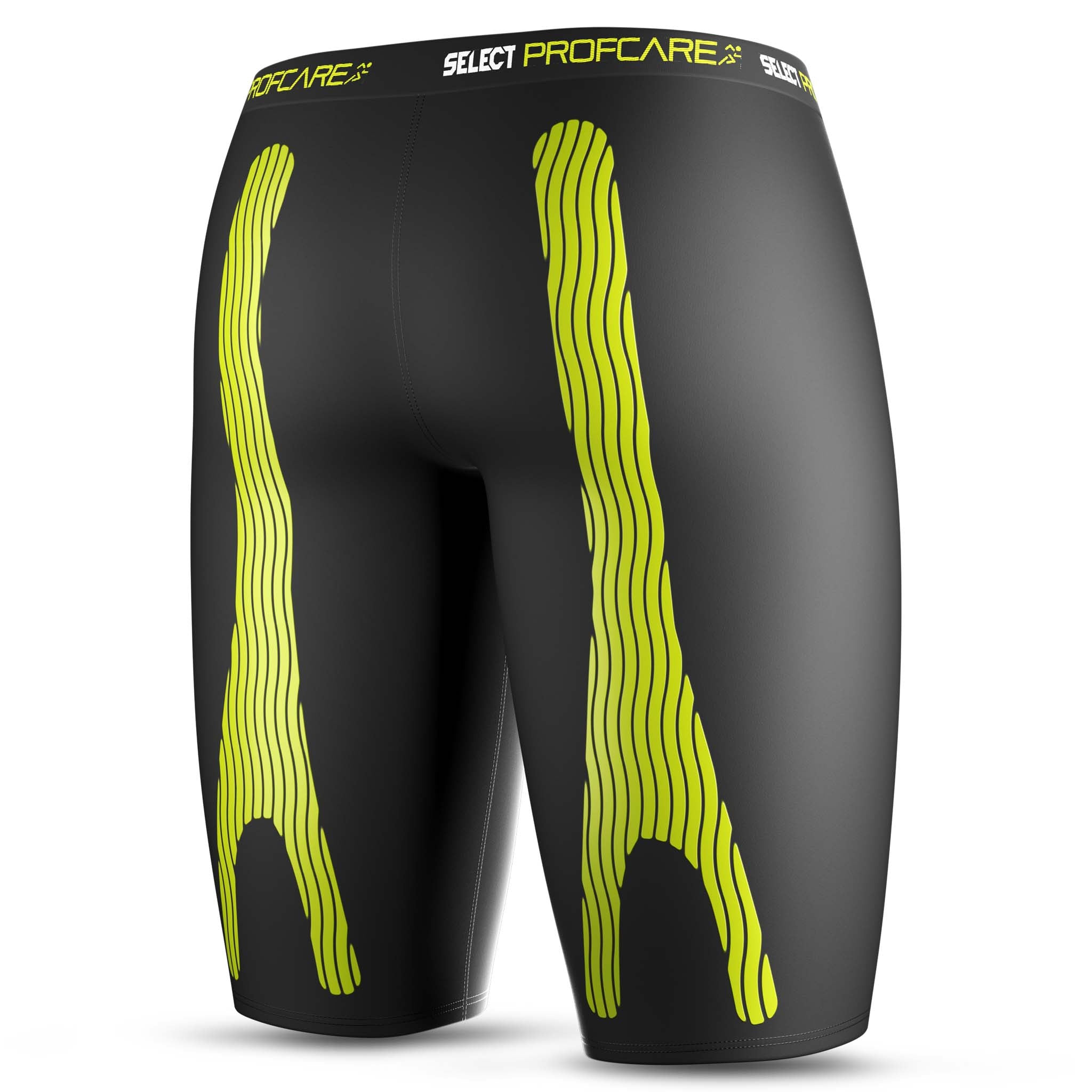 Sorte Compression shorts 6407 med gul kinesiologisk tape, sports support, bagsidevisning