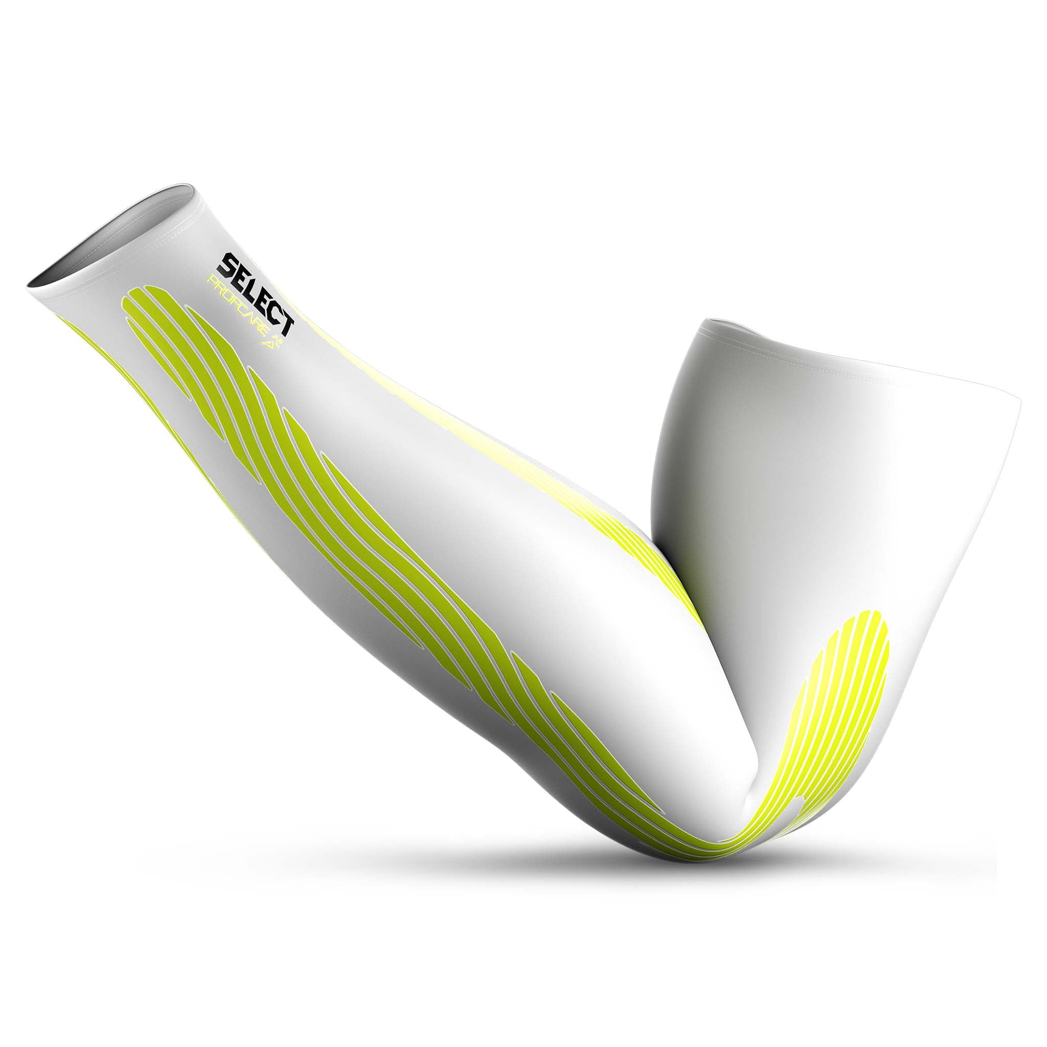 Forside af hvide Compression arm sleeves 6610 med grønne detaljer, sportsstøtte