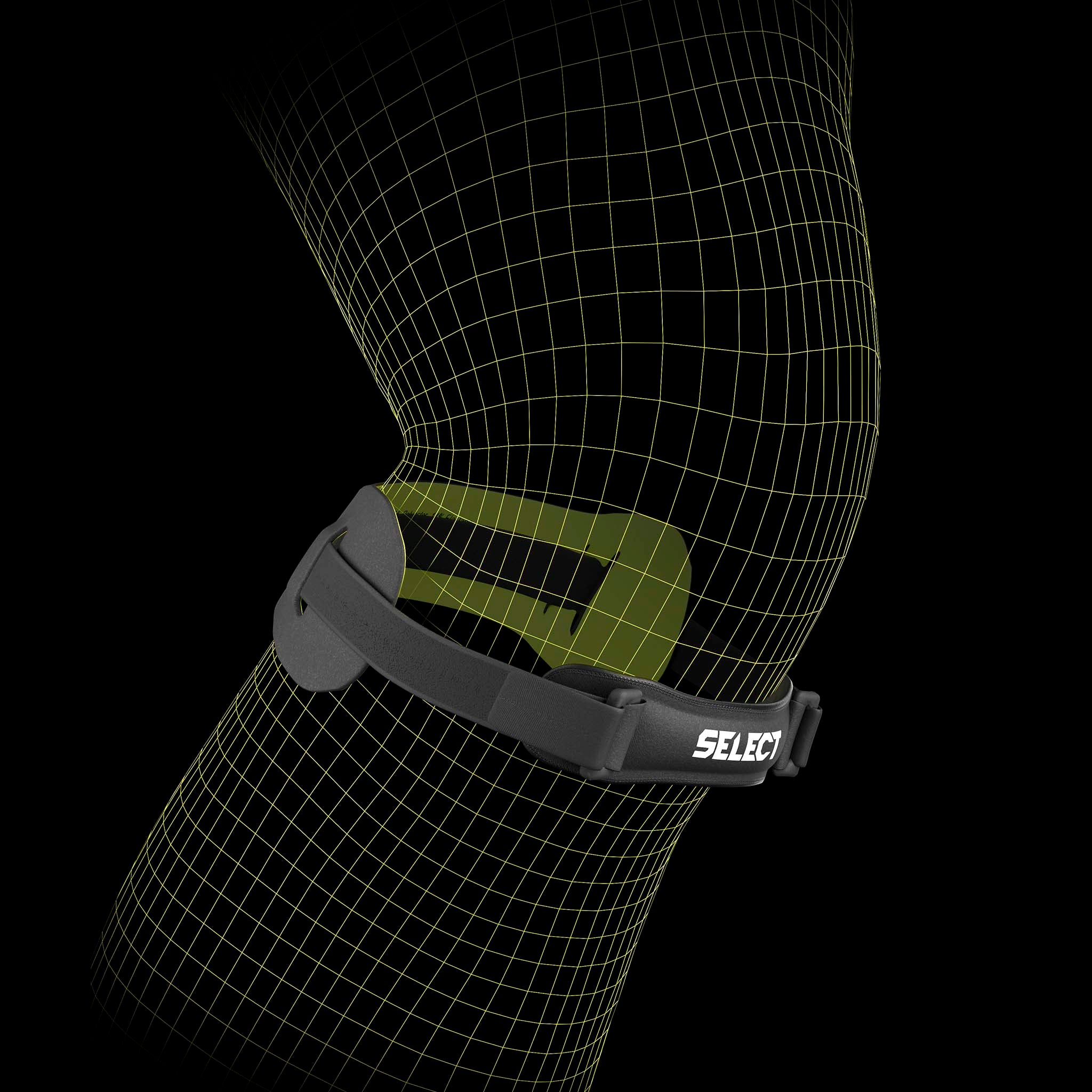 Sort Knee strap sportsstøtte vist på en fodboldspillers knæ