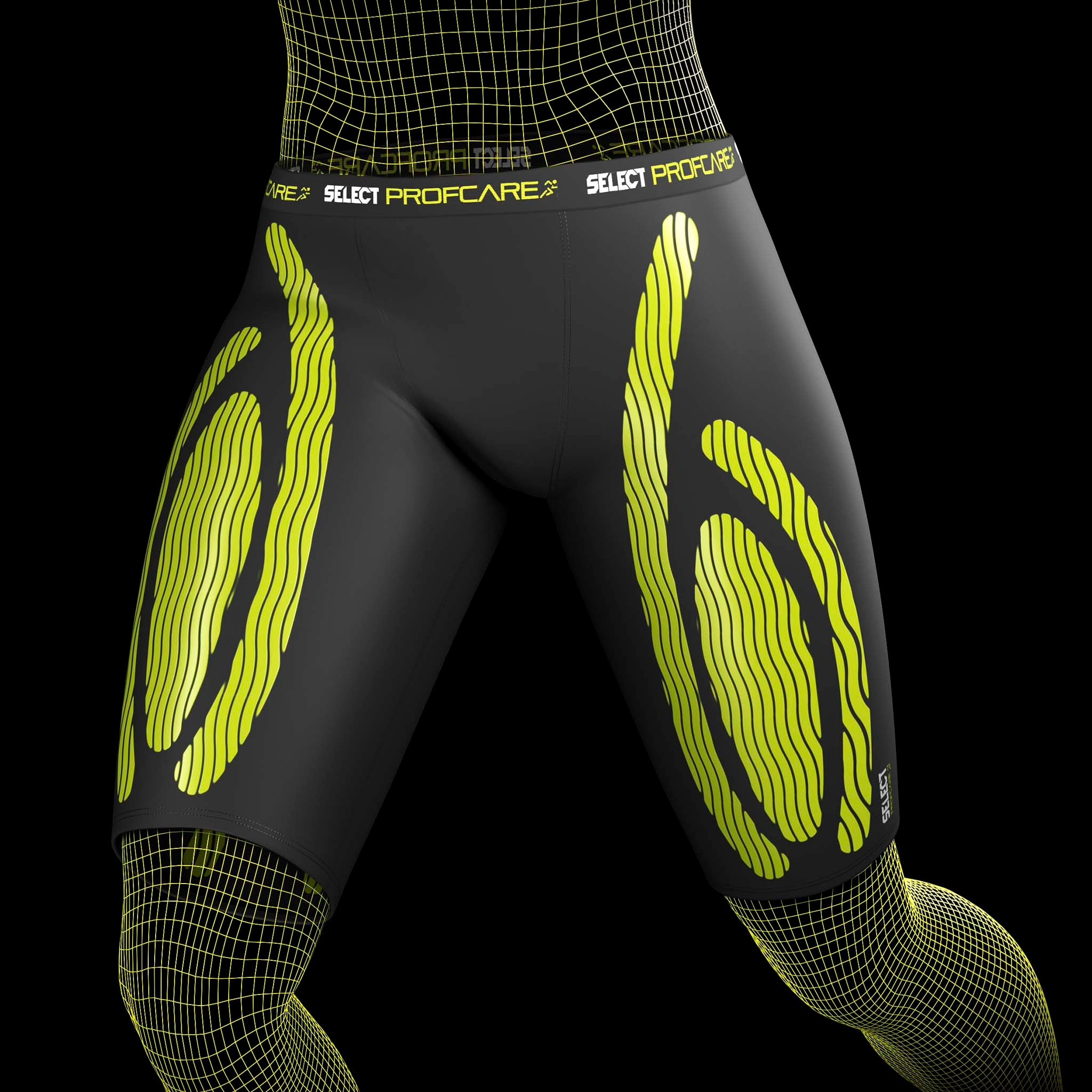 Sorte og gule Compression shorts 6407, sports support, set forfra på fodboldspillermodel