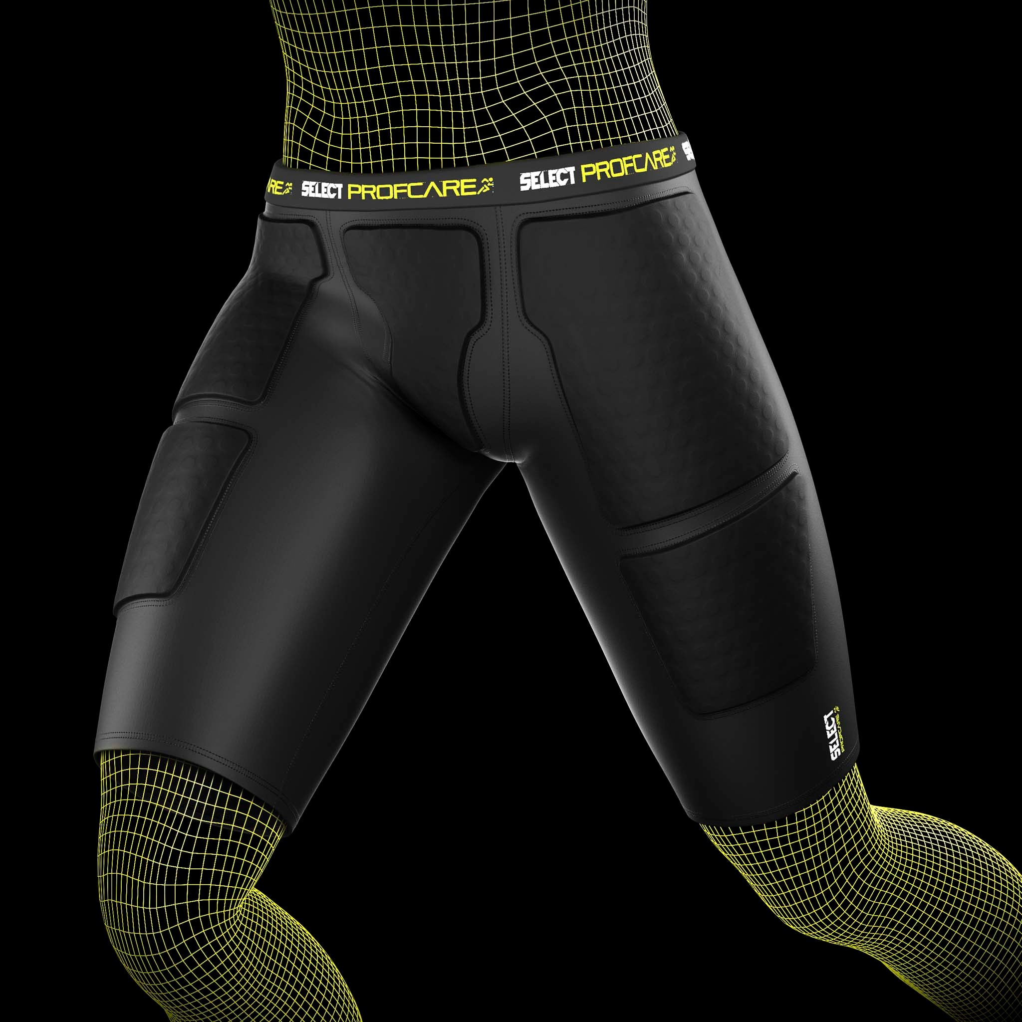 Sorte kompressionsshorts m/puder 6421, sportsstøtte, båret af mandlig fodboldspiller, set forfra
