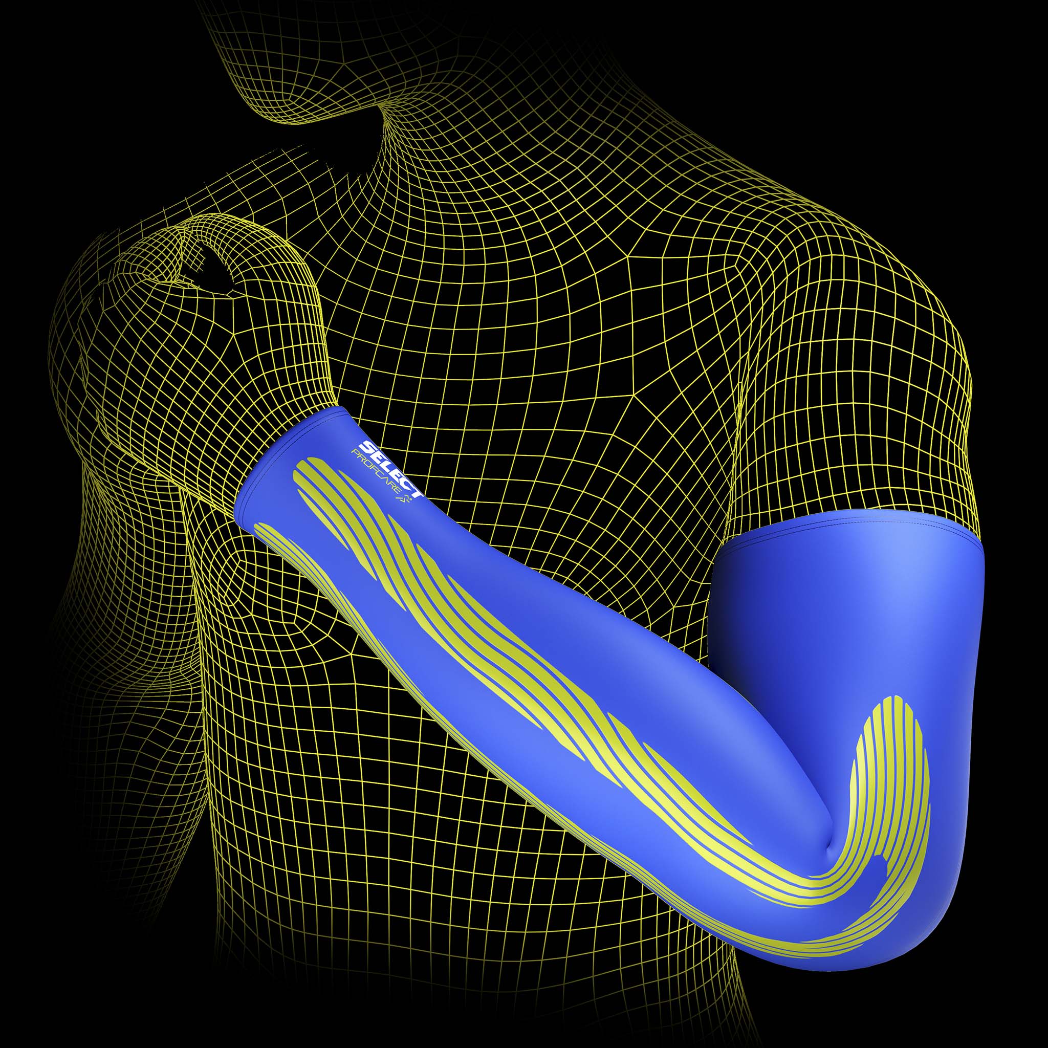 Blå Compression arm sleeves 6610, sportsstøtte, på wireframe-mand med kinesiologisk effekt