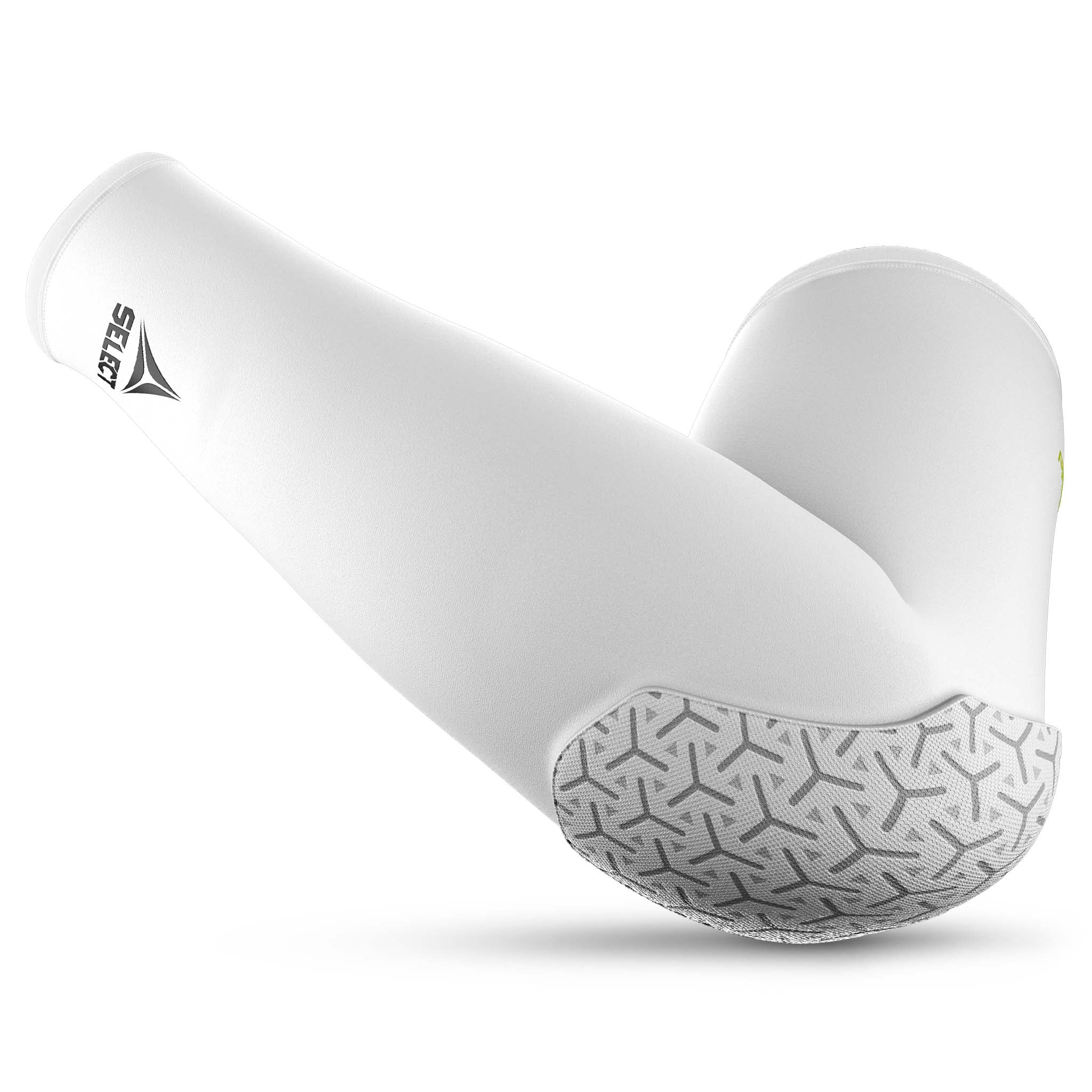 Hvid Compression elbow support long 6652, sportsstøtte med grå grebsforstærket albuepolstring, forside