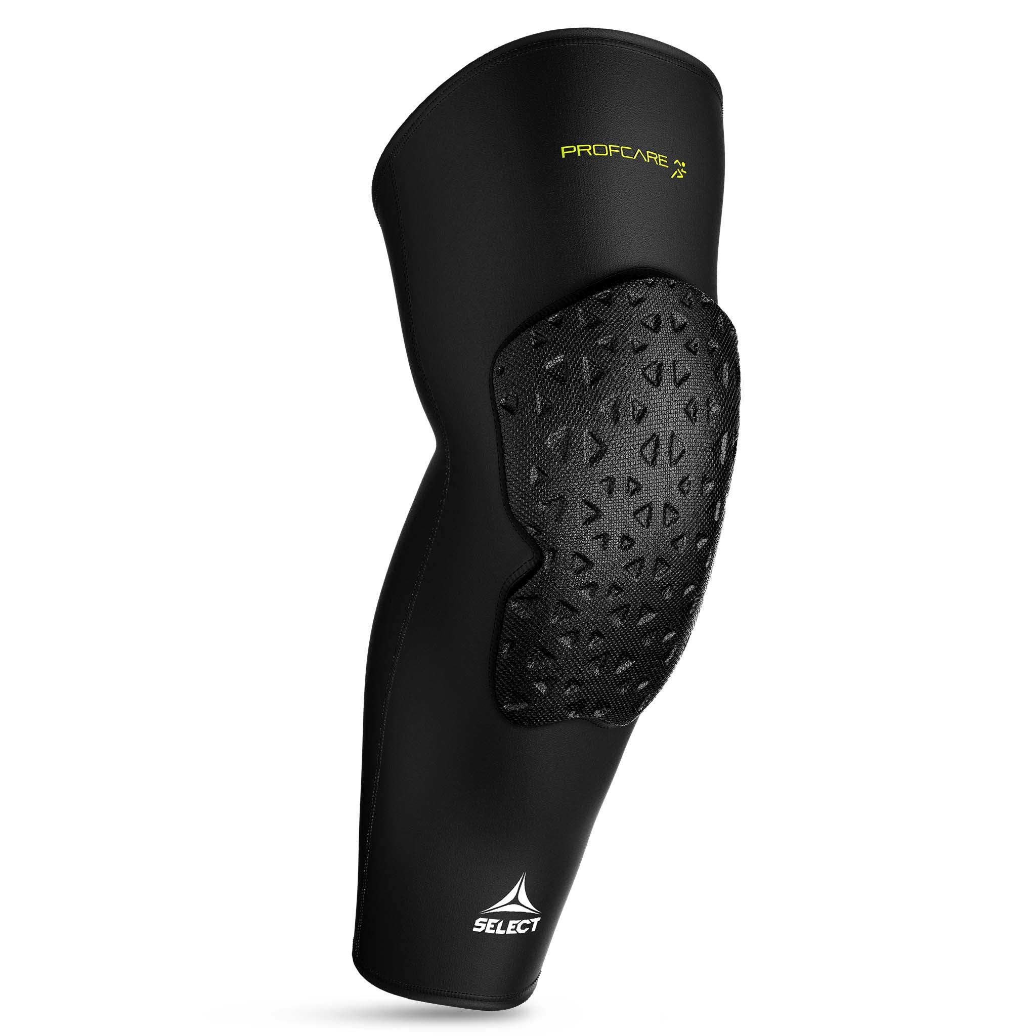 Sort Compression knee support long 6253 sportsstøtte, forside, med struktureret beskyttelsespolstring.